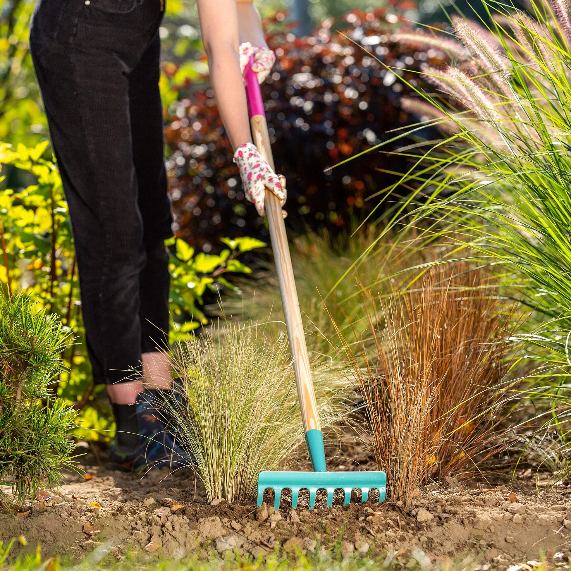 Kadax - Rastrillo para mujer con mango largo para jardín, rocas, ramas, herramientas de jardín, rastrillo, rastrillo, rastrillo, rastrillo de jardín con cabeza dura (8 puntas)