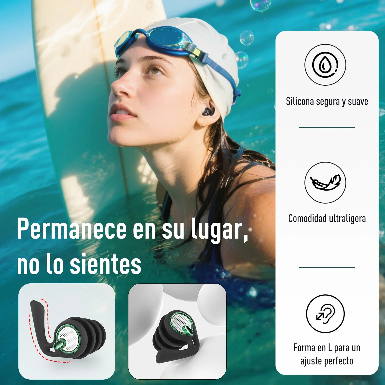 Hearprotek Tapones para los oídos natación adultos, 2 pares silicona reutilizables impermeables nadar surfear ducharse deportes acuáticos Negro