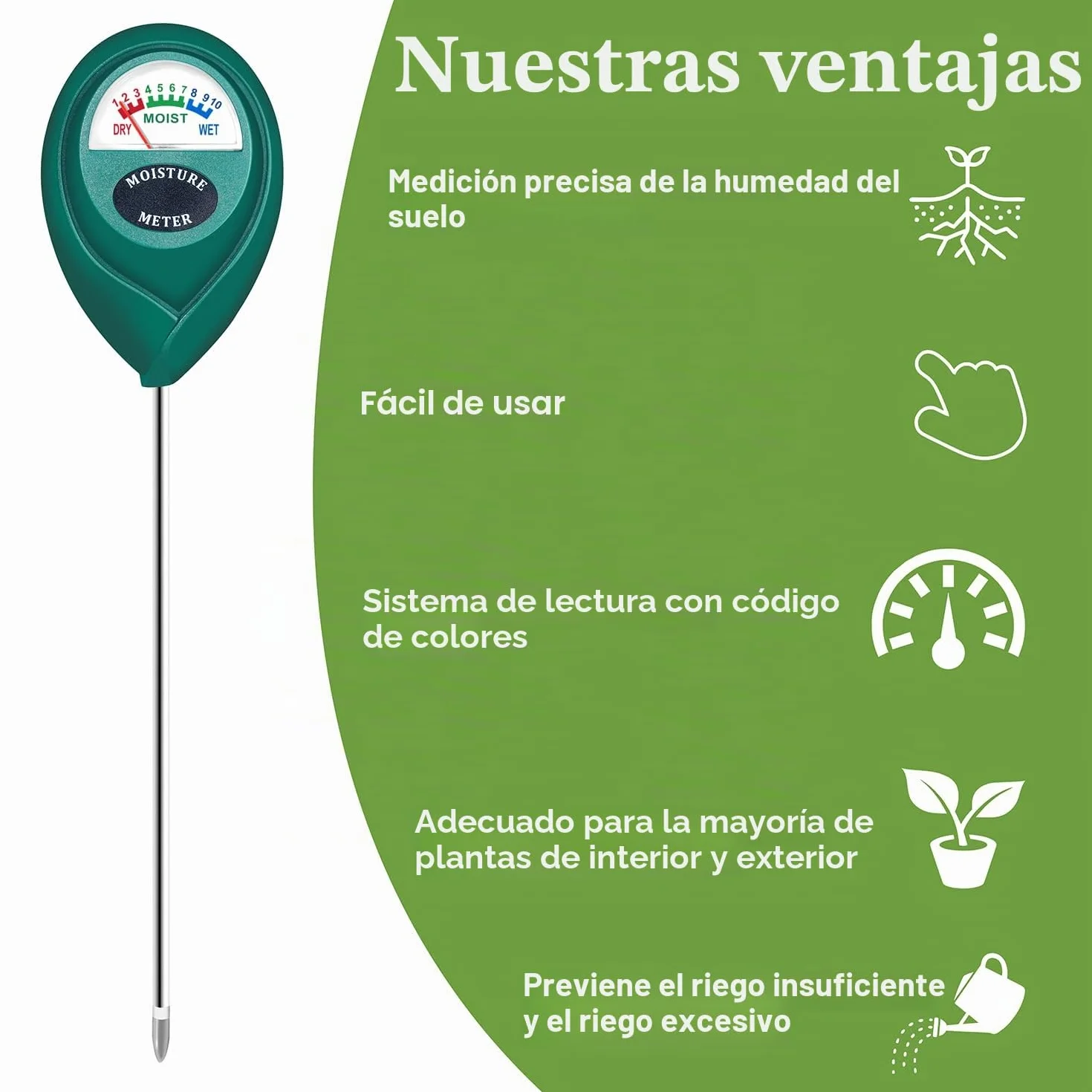 XLUX medidor humedad plantas, higrómetro de suelo, monitor de riego de flores, para plantas de interior y exterior, no se necesitan baterías