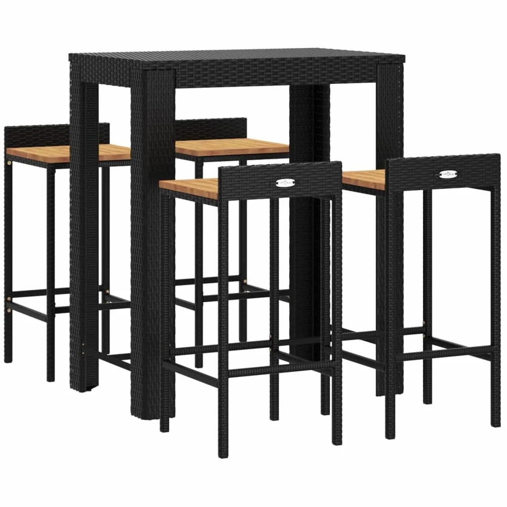 vidaXL Mesa Bar y taburetes jardín 5 pzas Madera Acacia ratán PE Negro