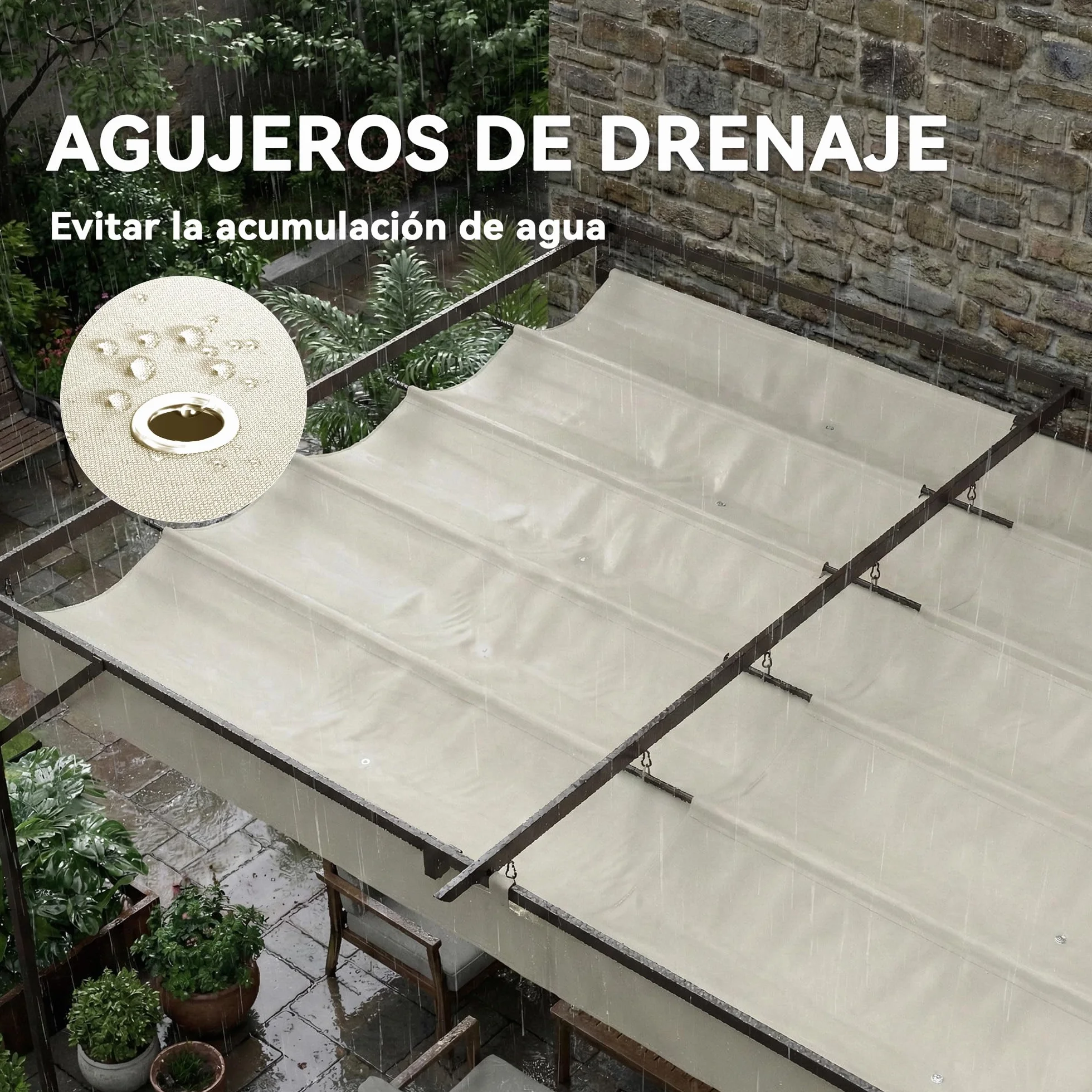 Outsunny Pérgola de Pared de Jardín 3x3 m, Cenador de Jardín con Techo Retráctil, Protección UPF30+, Orificios de Drenaje y Estructura Metálica, Pabellón para Patio, Terraza, Exterior, Blanco Crema