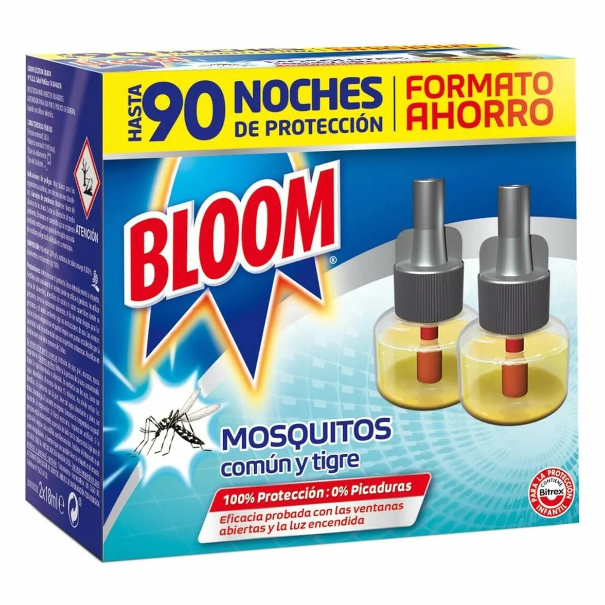 Bloom Líquido (pack de 2 recambios), insecticida eléctrico para mosquitos común y tigre, antimosquitos con 90 noches de protección, El ambalaje puede variar