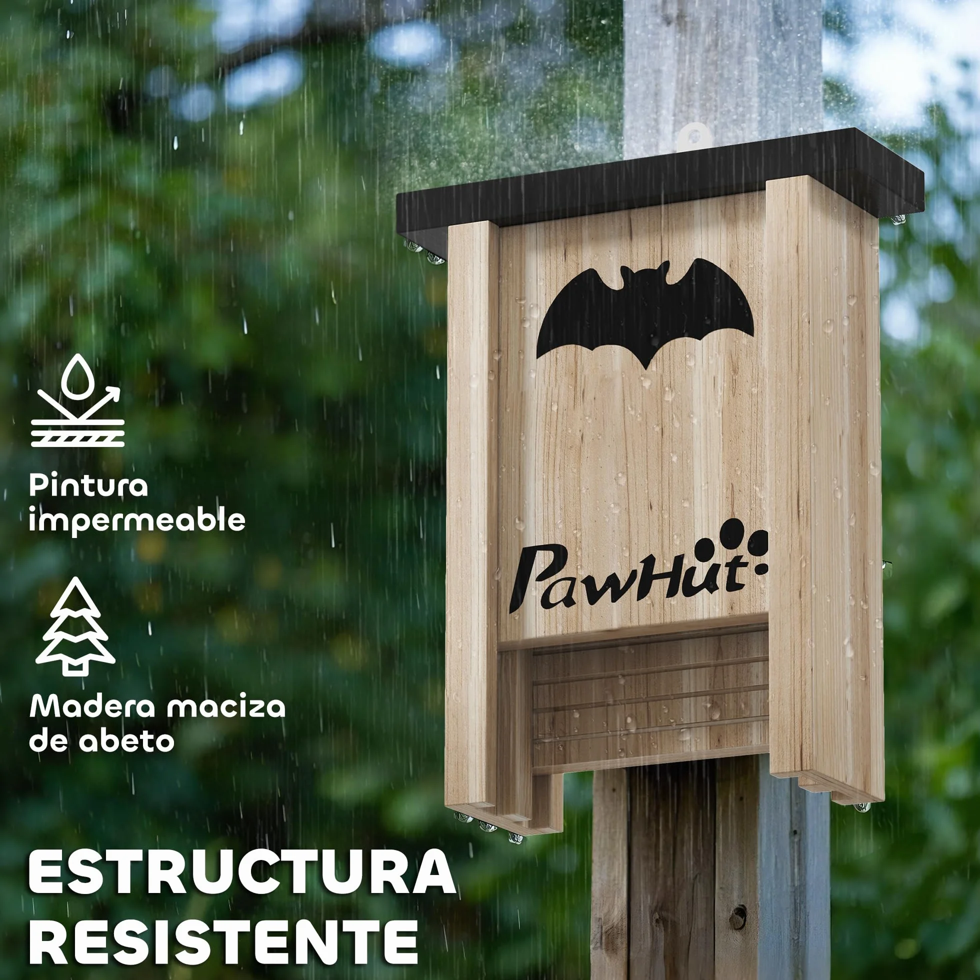 PawHut Pack de 3 Casas para Murciélagos de Madera Maciza, Cajas para Murciélagos, Resistente a la Intemperie, para Exterior, Jardín, Huerto o Granja, con Plataforma de Aterrizaje, Fácil de Colgar