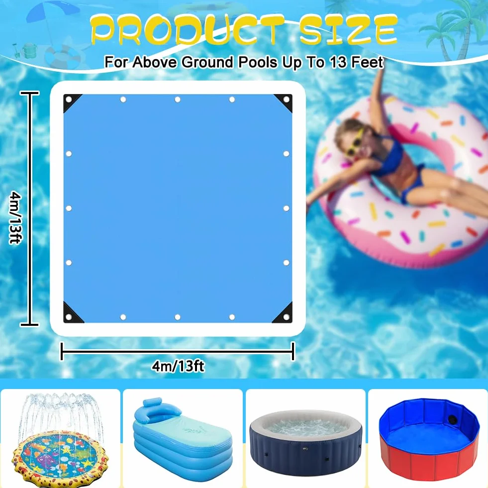 Roadtime Lona de suelo de piscina, 120 g/m², gruesa, cuadrada, con 4 ganchos y 20 m de cuerda de nailon, base de piscina con agujeros, lona impermeable y resistente a desgarros (4 x 4 m, azul)