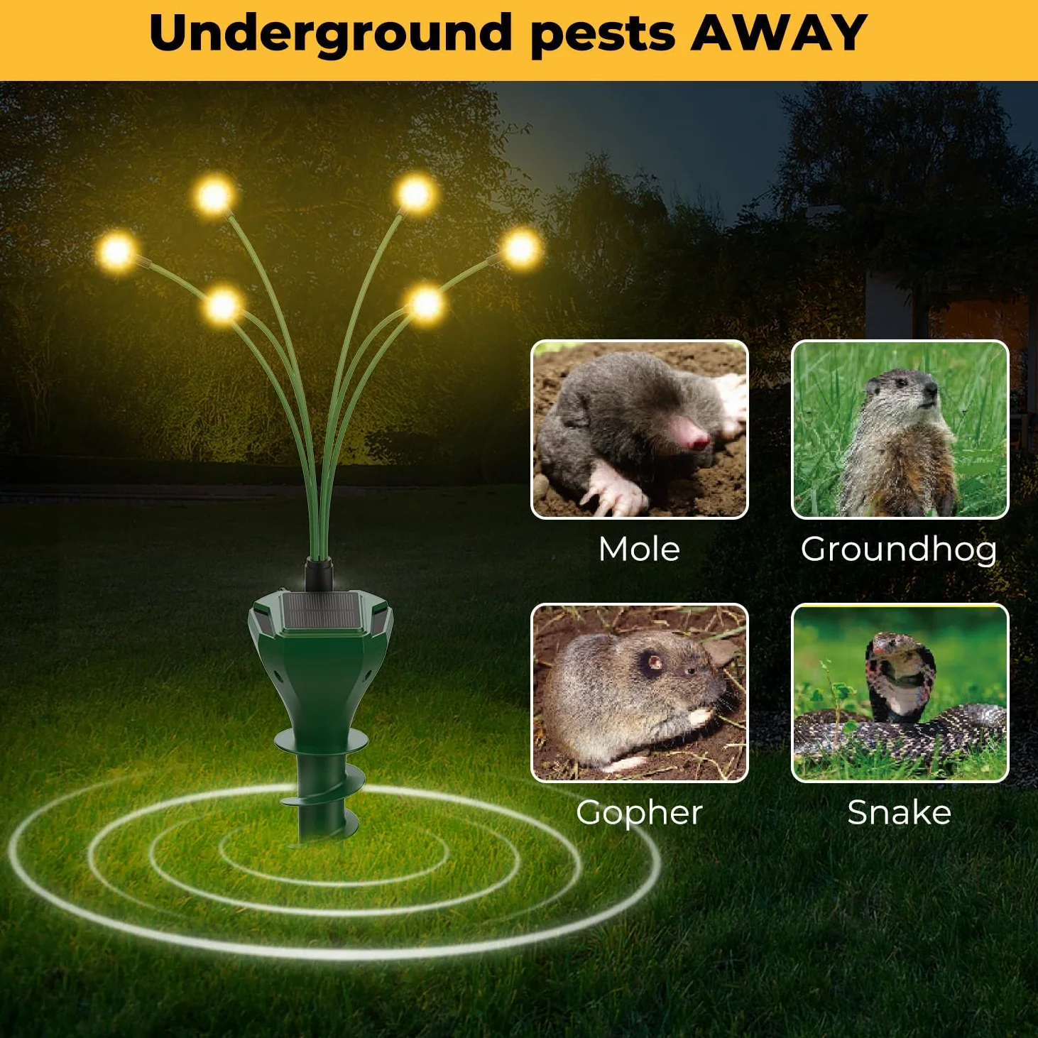 Paquete de 4 estacas solares repelentes de topos, disuasorio ultrasónico para exteriores con luces LED de luciérnaga, control de plagas impermeable IP65 para topos, ratones, marmotas, serpientes