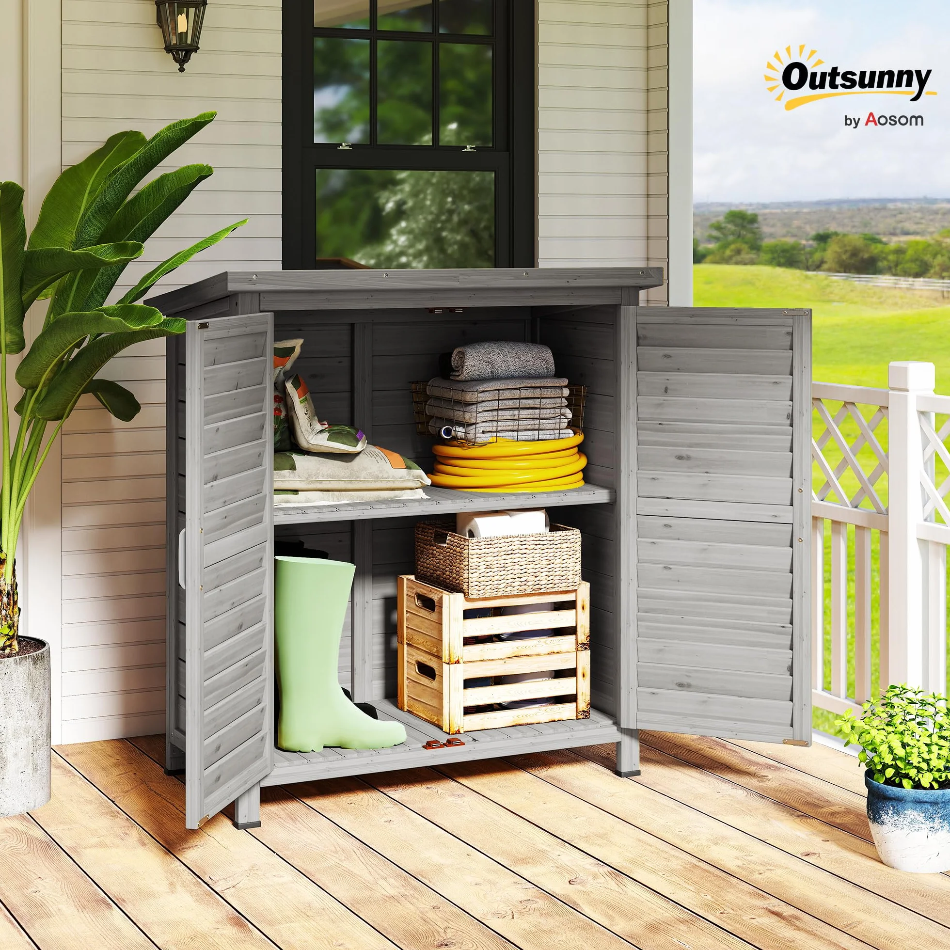 Outsunny Cobertizo de Almacenamiento de Madera para Jardín con 2 Estantes Interiores 2 Puertas y Techo Inclinado para Exterior Terreza 87x46,5x96,5 cm Gris