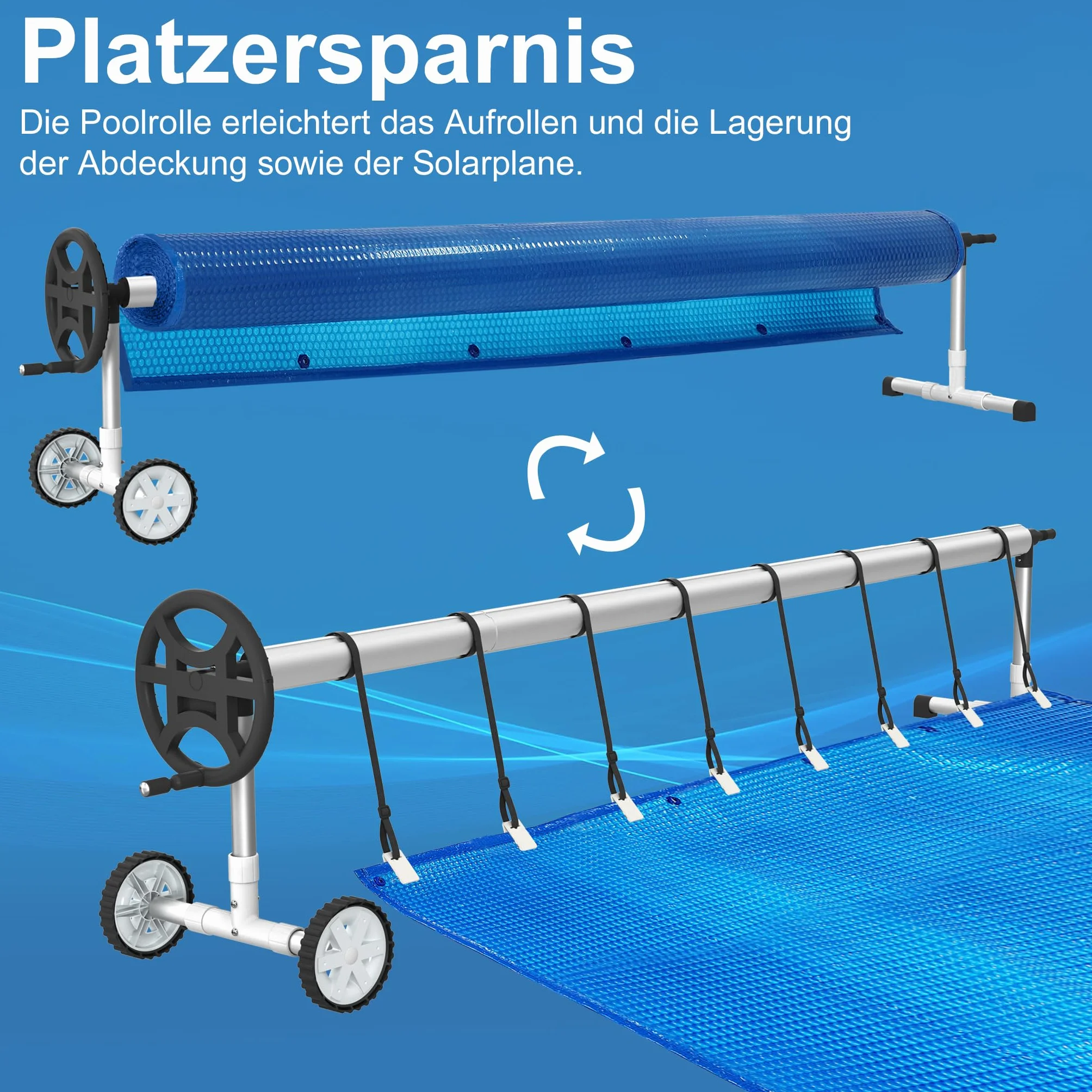 XMTECH Sistema de enrollado para piscina, enrollador de piscina, tubo telescópico de aluminio, sistema de enrollado para lona de piscina, cubierta solar, resistente a la intemperie (con ruedas-2)
