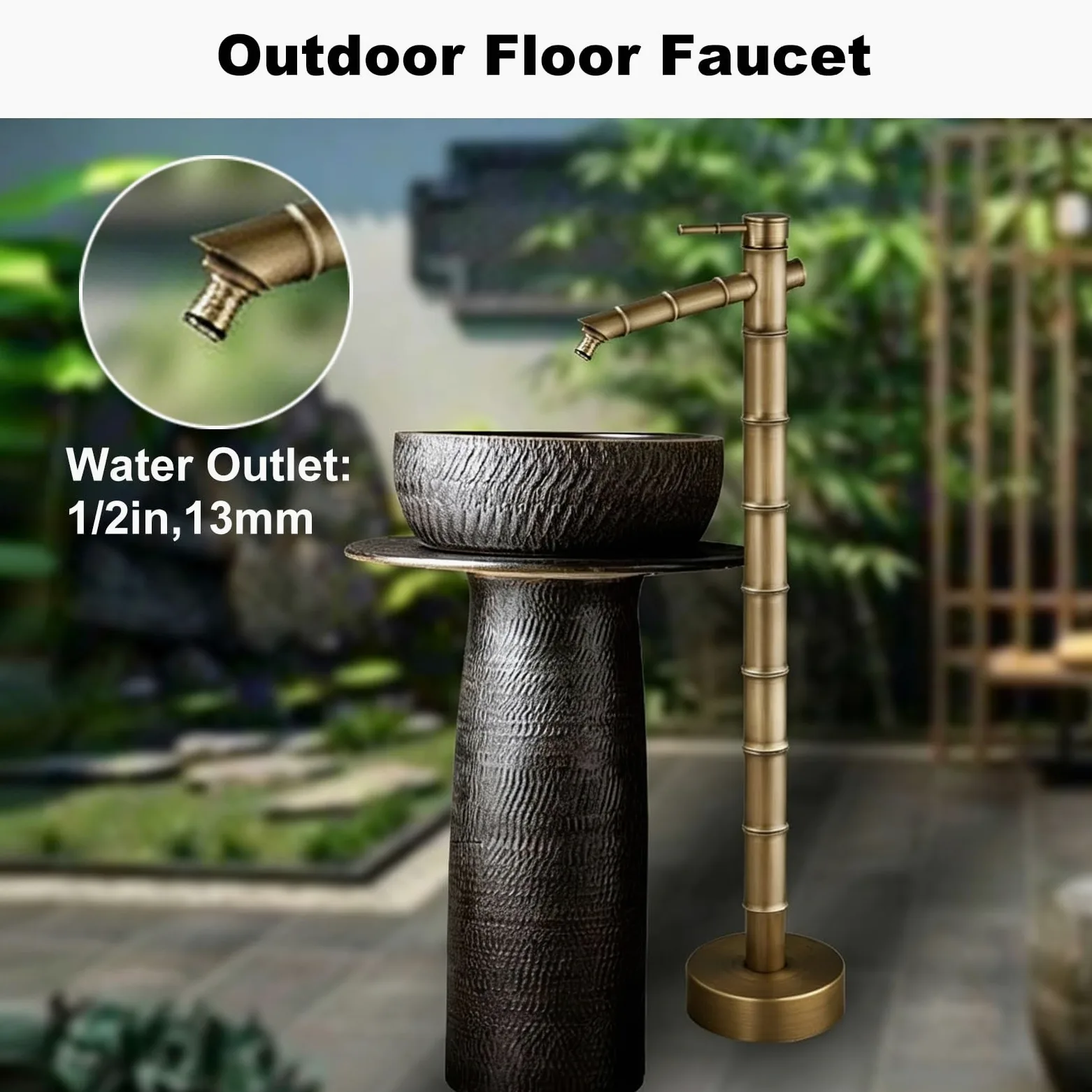 Fuente Jardin Exterior en Cobre, Grifo Jardin de Heladas con Altura Ajustable y Mangueras de Suministro de Agua Fría y Caliente Para Uso en Exteriores