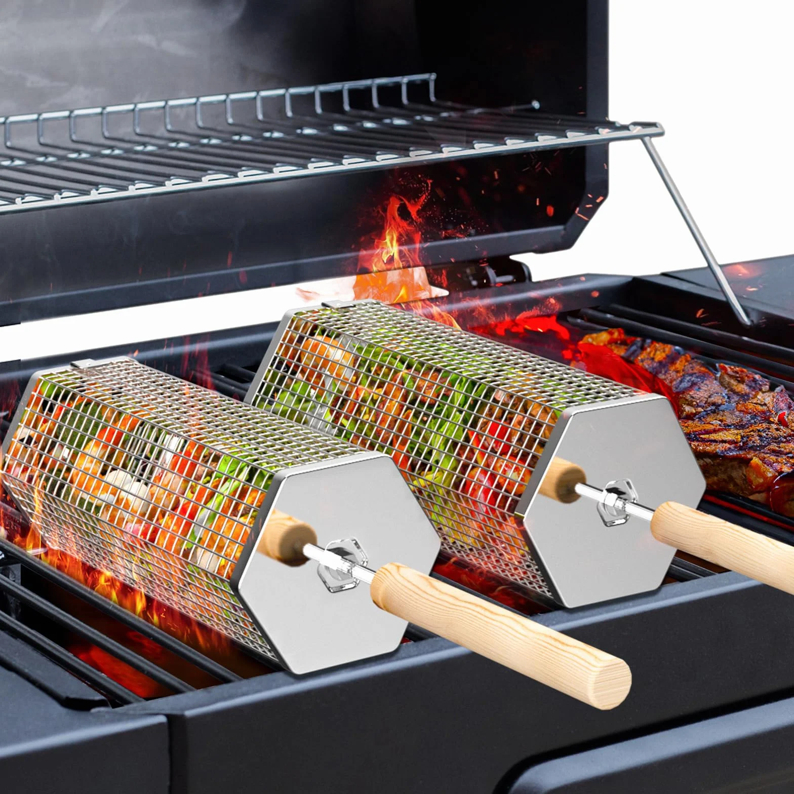 ivtivfu Cesta de Parrilla Rodadiza, Mango Extraíble, Acero Inoxidable 304, Anidadas Accesorios Barbacoa carbon para Verduras, Utensilios bbq para Exterior Camping, Regalos Originales Hombre cumpleaños