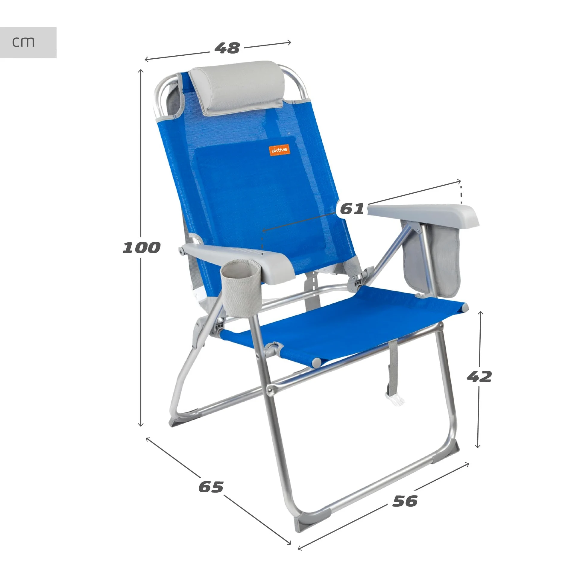 AKTIVE 62631 - Silla de playa plegable superresistente c/cojín, bolsa y bolsillo 47x63x99 cm, Azul