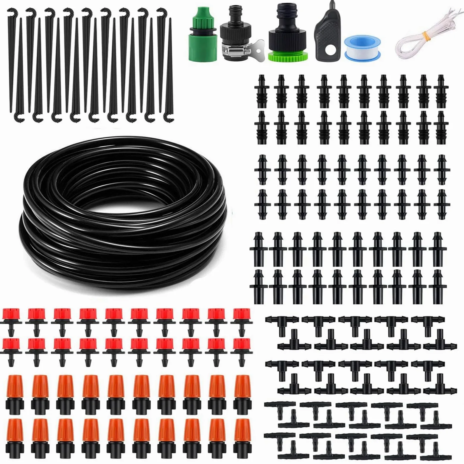 Kit de sistema de riego por goteo de 50 pies, sistema de riego de jardín con piezas de tubo de riego por goteo de 1/4 pulgadas, equipo de riego automático para plantas al aire libre, jardín,