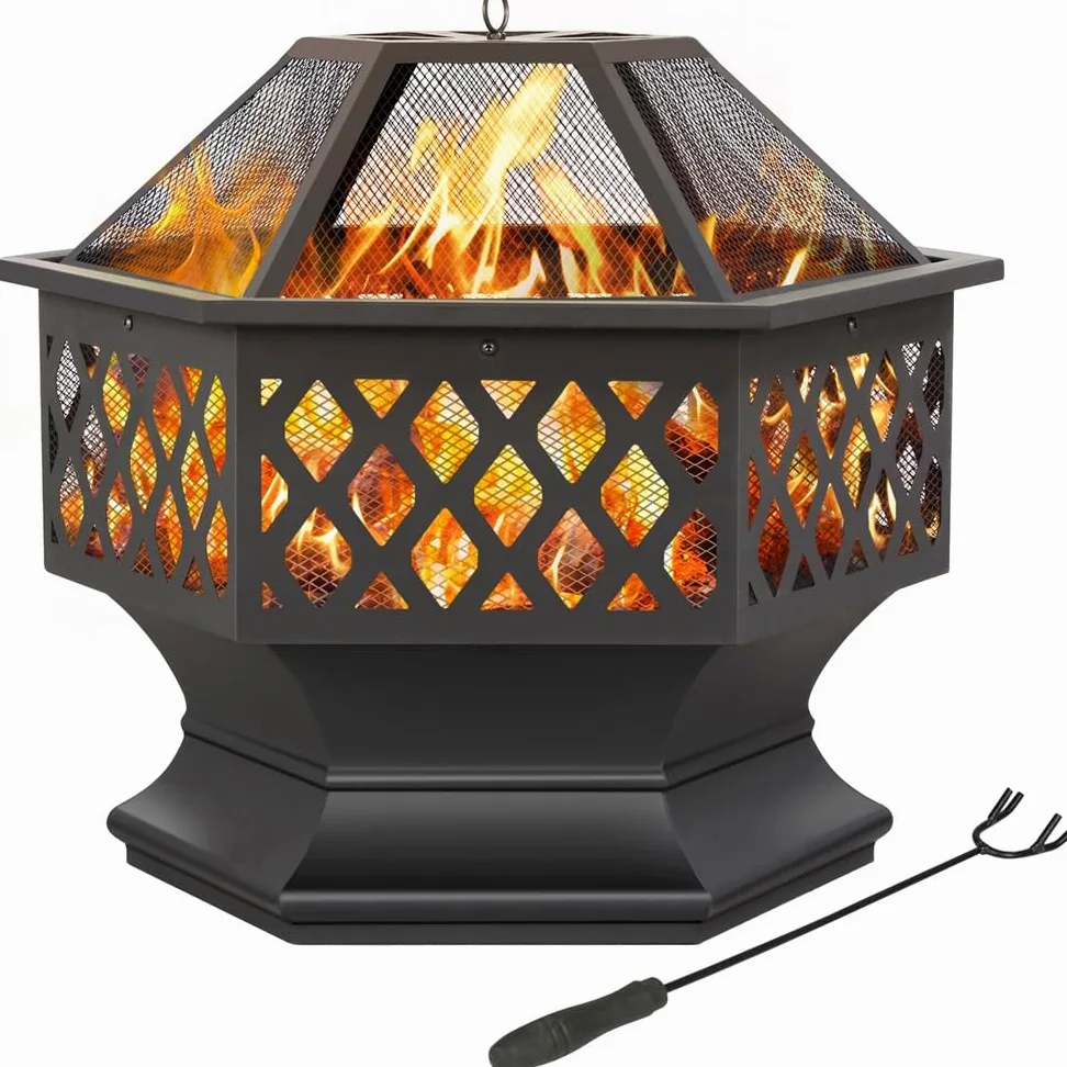 Yaheetech Brasero Exterior Leña Brasero Jardin Hexagonal Estufas para Terrazas Chimenea Portátil Grande 61x61x62cm Negro