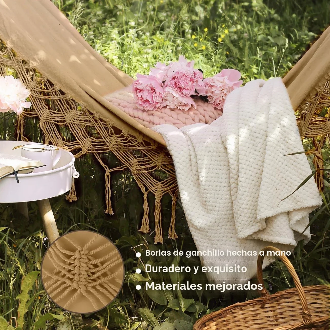 MOSFiATA Hamaca Jardin Boho, Hamaca Colgante con Flecos und Travesaño, Hamacas Tela Cómoda & Fácil de Montar, Capacidad de Carga de 250 kg