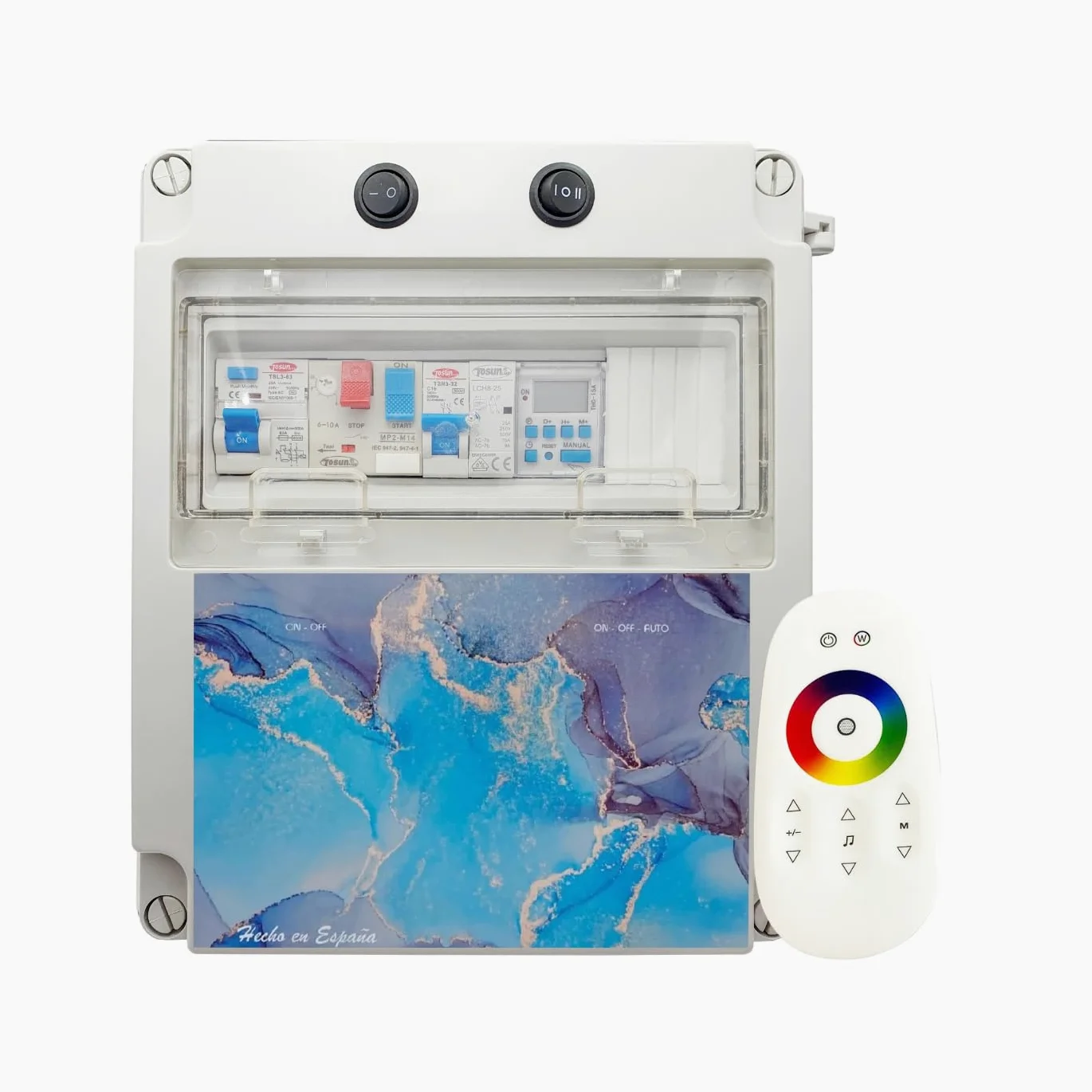 SWIMHOME Cuadro Eléctrico para Piscina Iluminación y Motor | Guardamotor y Transformador | Controlador WiFi RGB y Blanco | Contactor para Motor | 150W 12DC | Bomba de Agua 0,5CV 2,5-4A