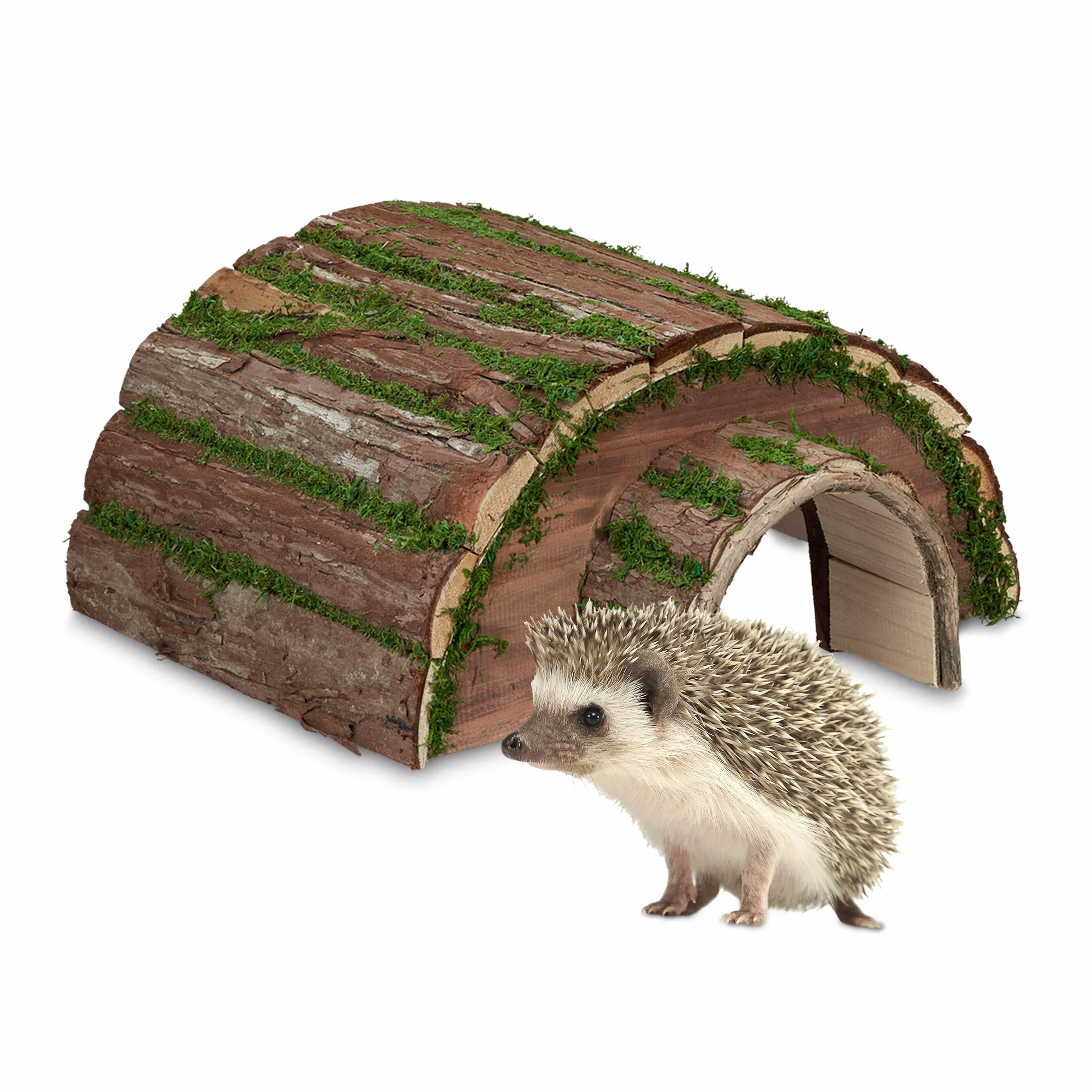 Relaxdays Casa Erizo, Cueva Animales Pequeños, de Madera y Musgo, Refugio Hibernación Jardín, 20 x 40 x 42 cm, Natural