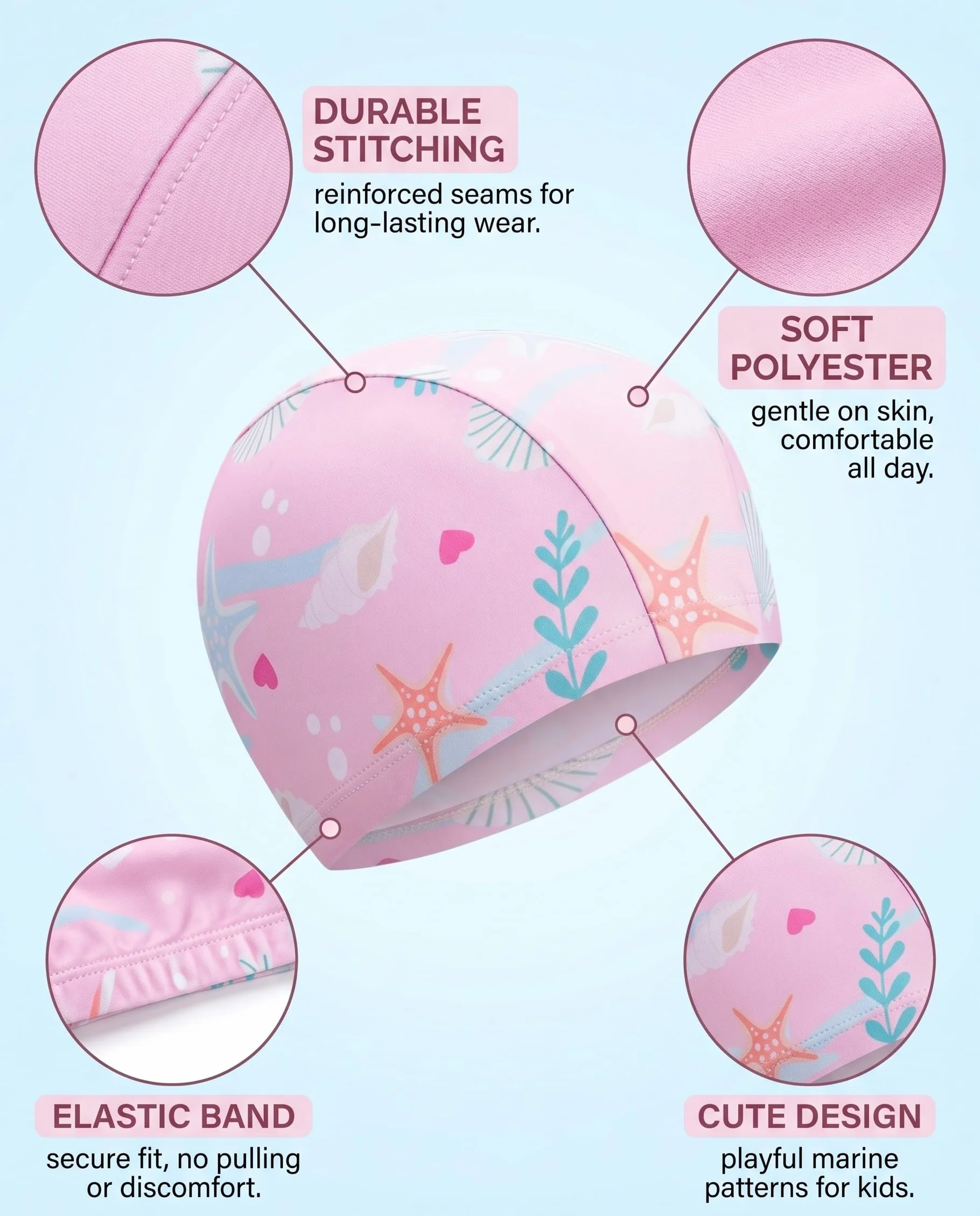 Gorros de Natación para Niños 2 Piezas, Poliéster, Suaves, Elásticos, Rosa y Azul, 1-6 Años