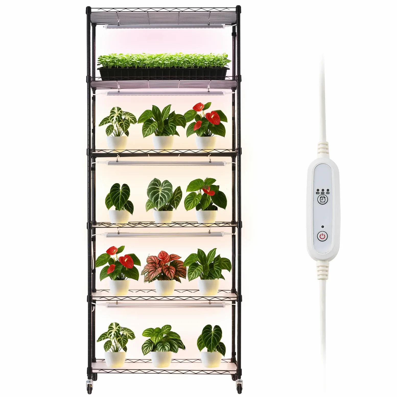 VEVOR Soporte para Plantas con Luz de Cultivo 6 Niveles 180 cm 150 W, Estante para Plantas con Ruedas, Temporizador de 4/9/14 H, 3 Modos de Iluminación, para Crecimiento de Planta, 750x350x1800 mm