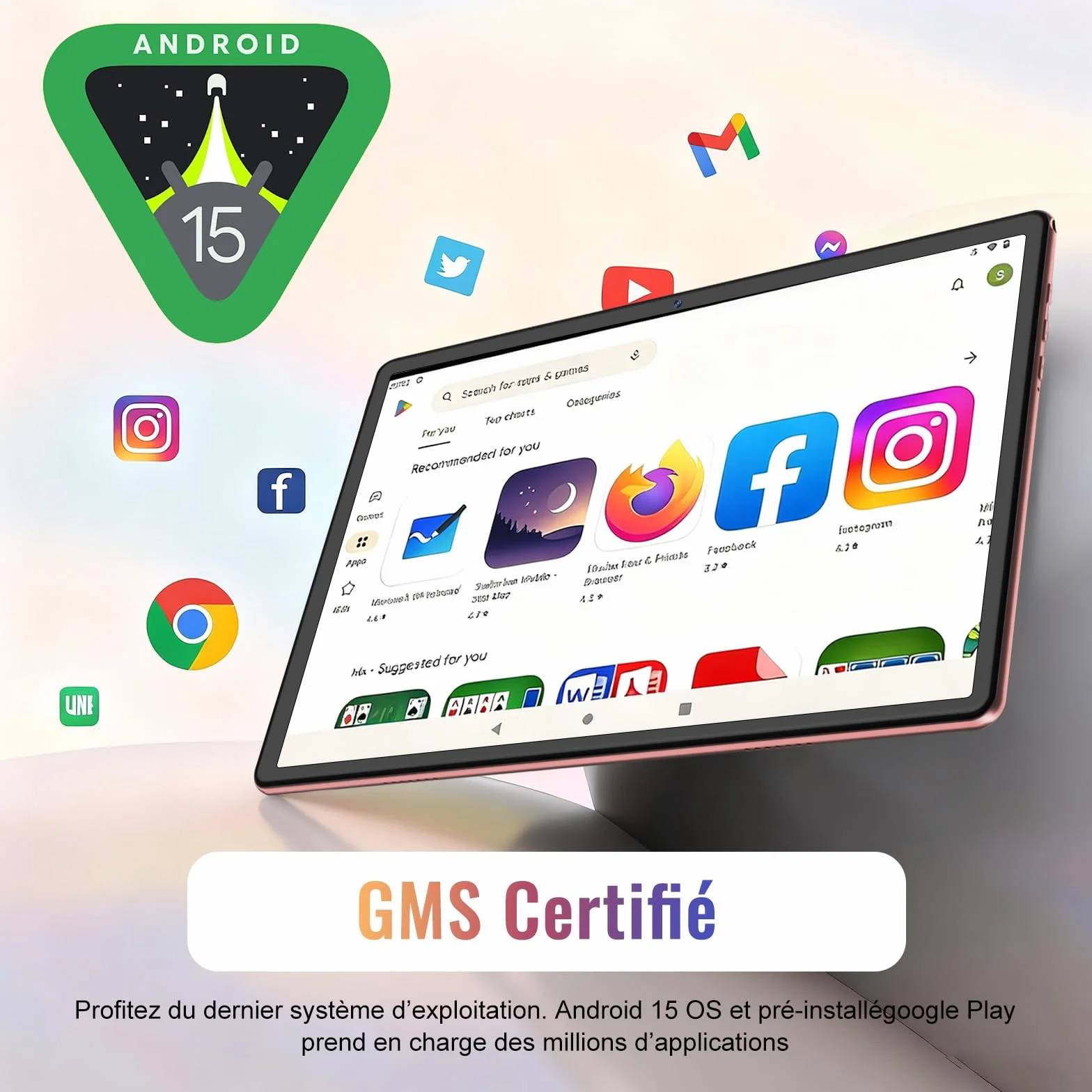 Gemini AI Tablet Android 15 10 Pulgadas 64GB ROM Octa-Core 5G WiFi 6 Widevine L1 GMS Bluetooth 5.0 1280x800 FHD IPS con Teclado y Ratón Rosa