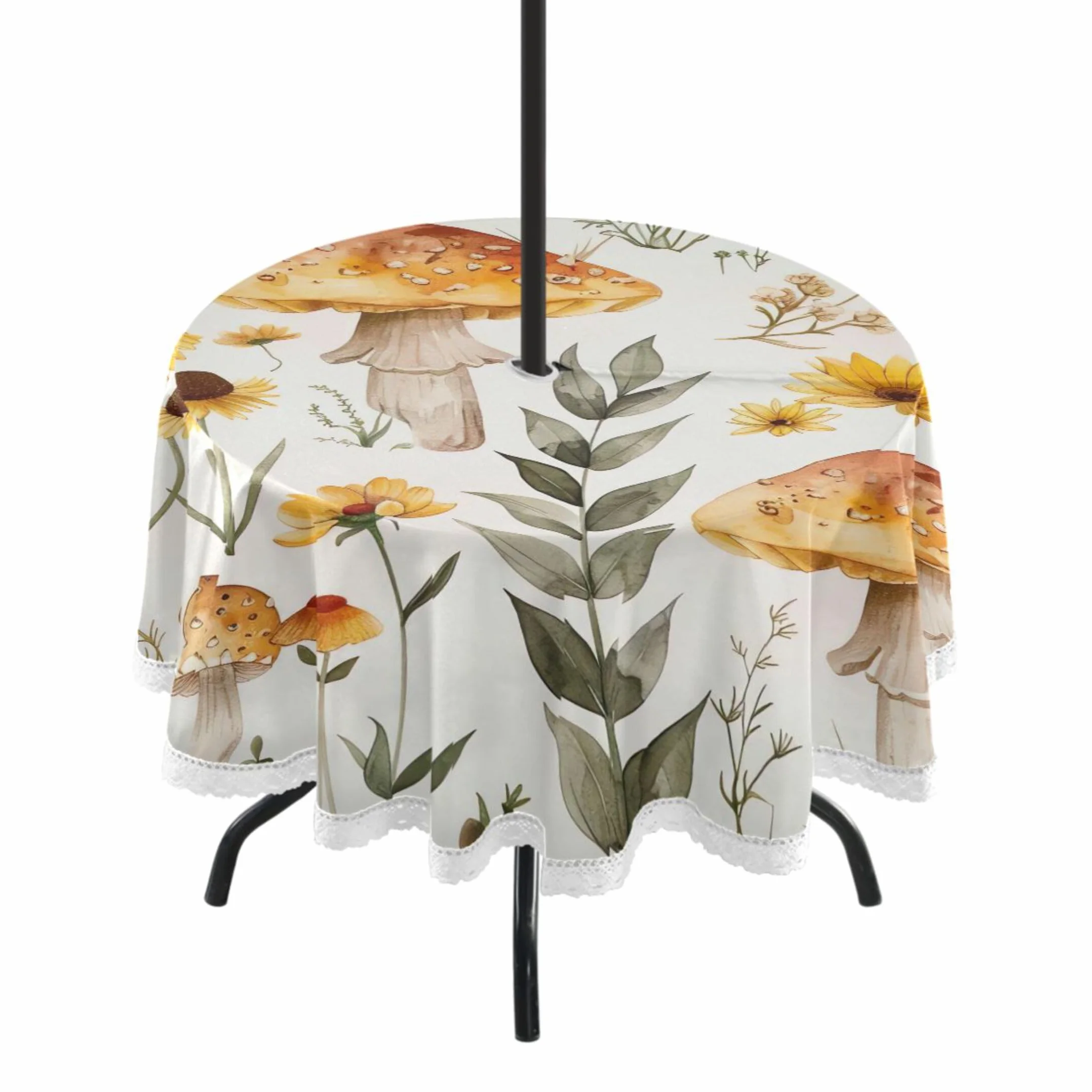 Mantel redondo de 152 cm, diseño de hongos, de poliéster, con borde de encaje, con agujero para sombrilla y cremallera, fácil de limpiar para cocina, comedor, patio, picnic