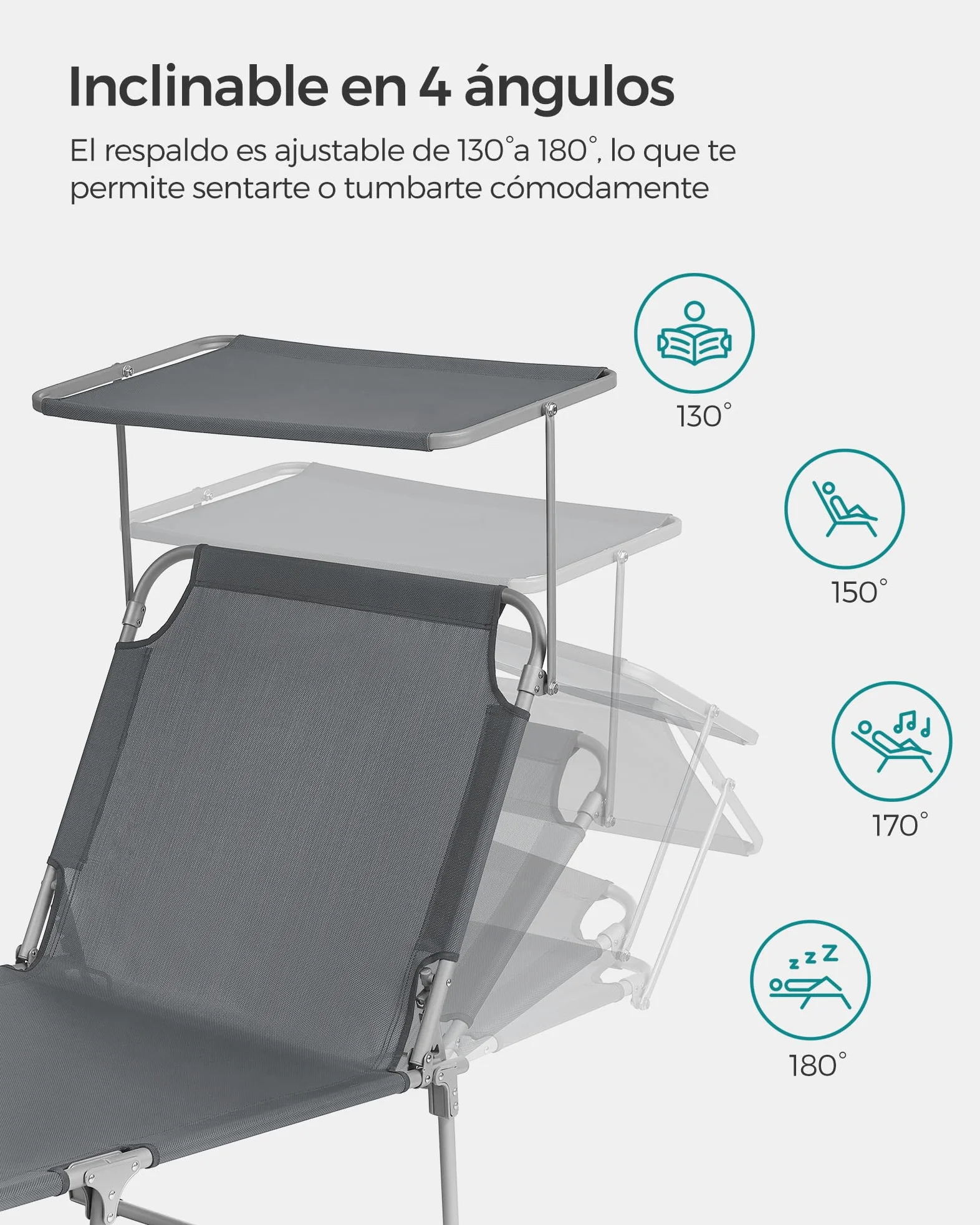 SONGMICS Tumbona, Tumbona Reclinable, 193 x 53 x 29 cm,Carga de 150 kg, con Reposacabezas de Protección Solar y Respaldo Reclinable, para Terraza, Piscina, Jardín, Gris Oscuro GCB19UV1