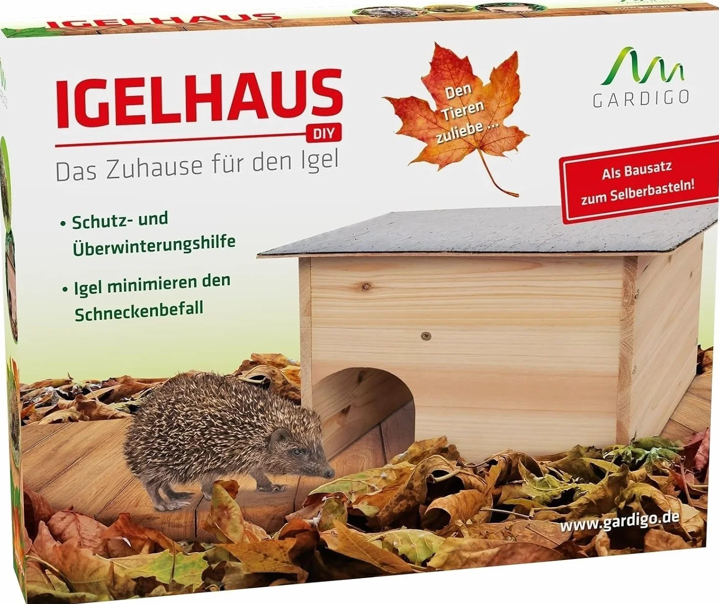 Gardigo® Casa para Erizos DIY - Kit de Madera | Techo Resistente a la Intemperie, Entrada Laberinto - 48×29×38 cm | contra Depredadores | Hogar para Erizos de Jardín | Refugio para Puercoespines