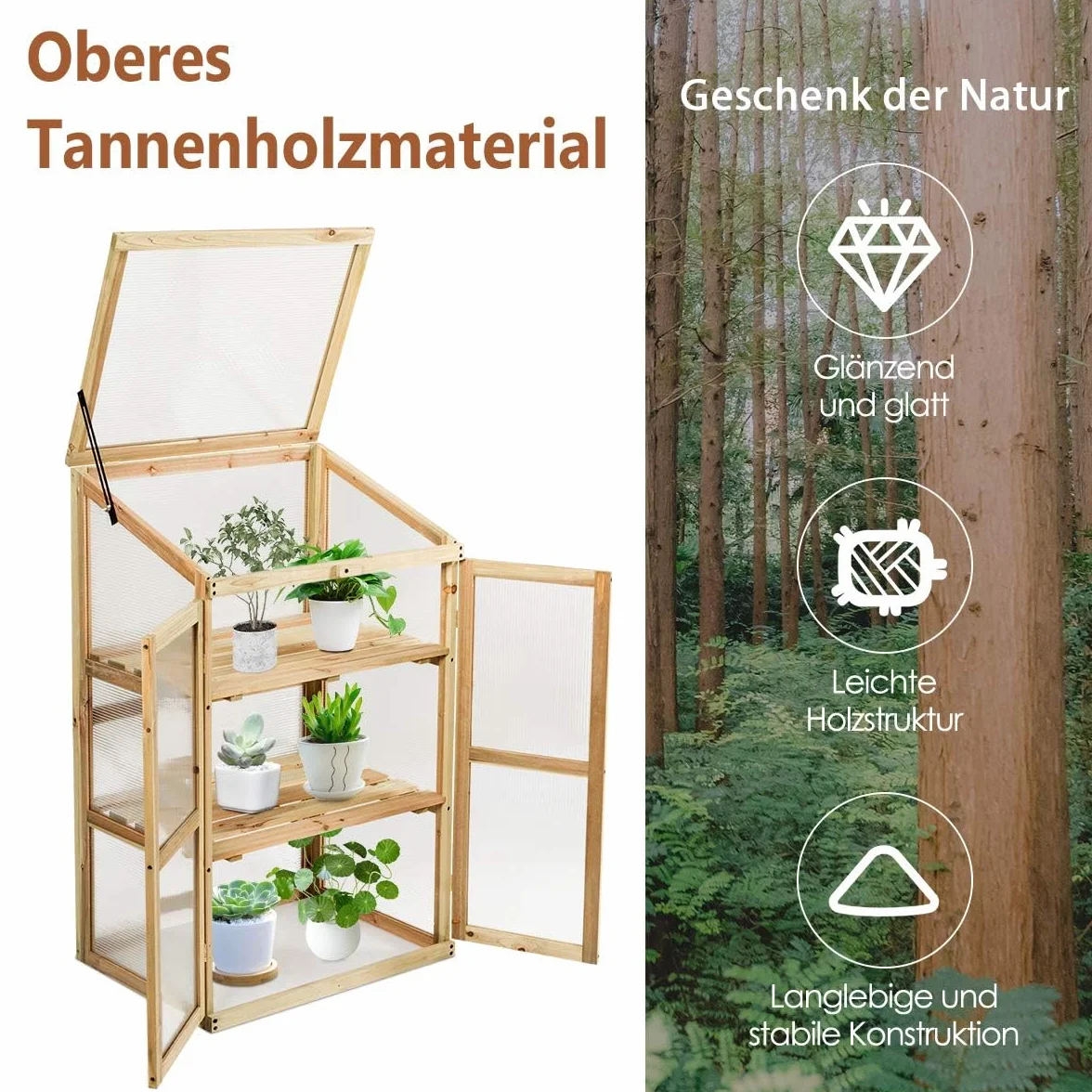 FANTASK Invernadero de Madera de 3 Pisos, Resistente a la Intemperie, Invernadero con 2 Puertas y Tapa, Ventana de policarbonato, Cama para Plantas, Armario de cría de Invernadero, 60 x 45 x 100 cm