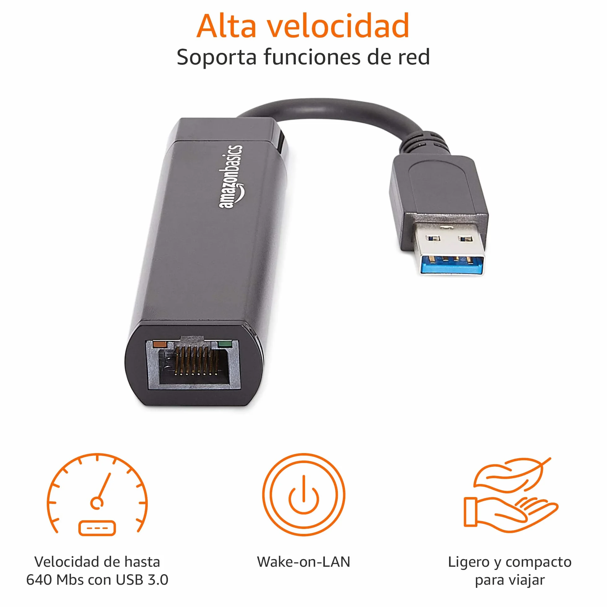 Amazon Basics Adaptador USB 3.0 a Gigabit Ethernet 10/100/1000 Negro