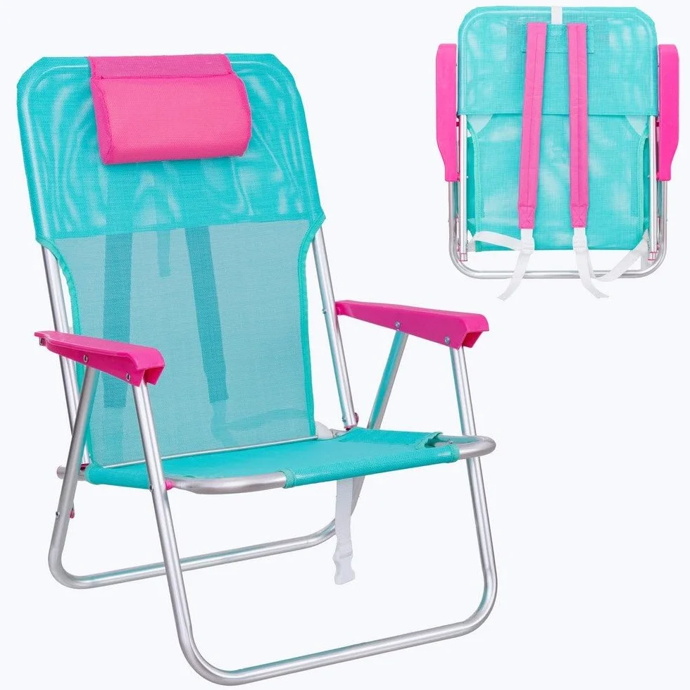 LOLAhome Silla Playa Camping Mochila Junior, Plegable de Aluminio y textileno Aguamarina, Silla Fija de 55x40x71 cm, con cojín Cervical Rosa, Correas Acolchadas y Ajustables