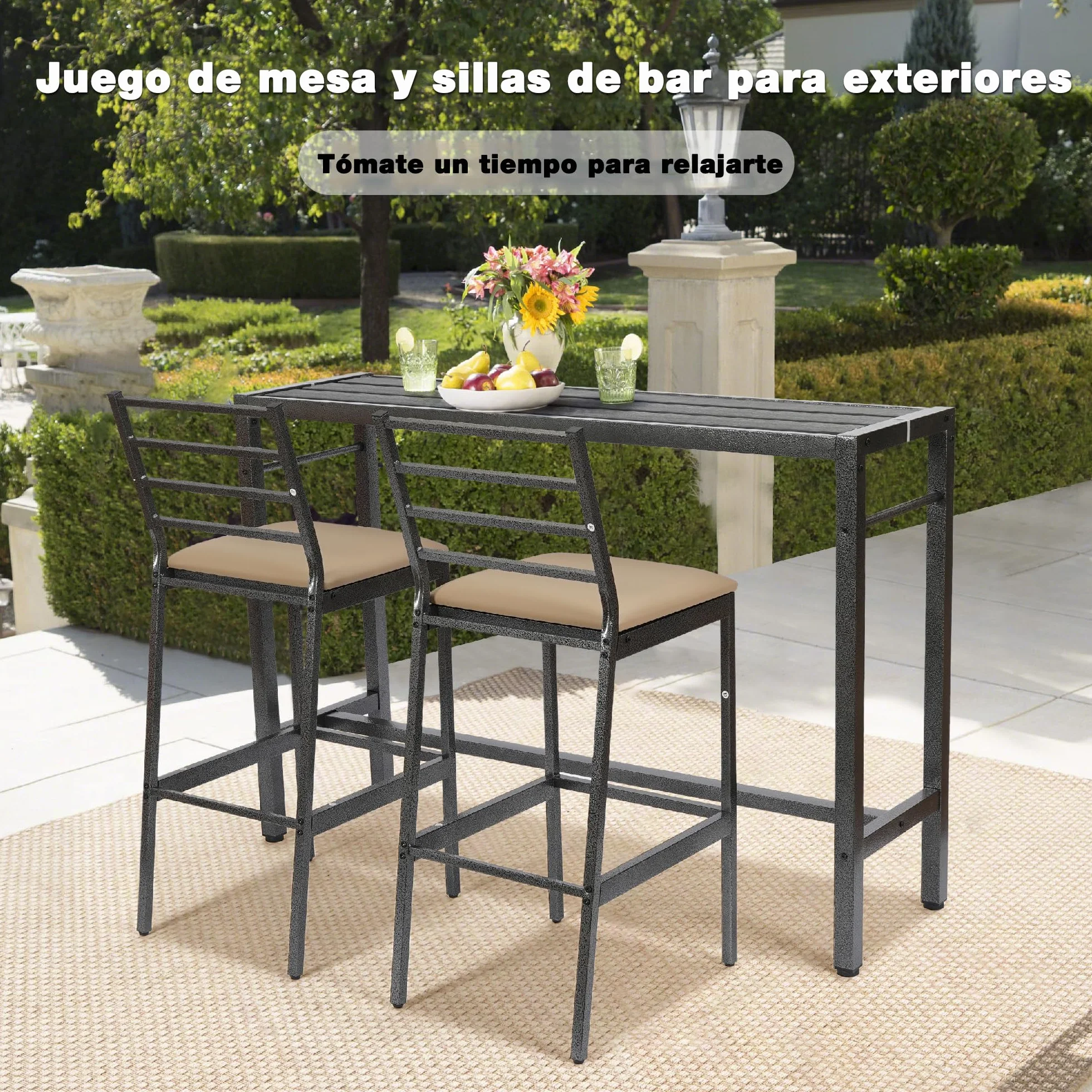Juego de Comedor y Bar para Patio de 3 Piezas, Mesa Rectangular Resistente de 140 cm de Altura con 2 taburetes Acolchados, Mesa y sillas de Metal para Patio, Porche, bistró o balcón.