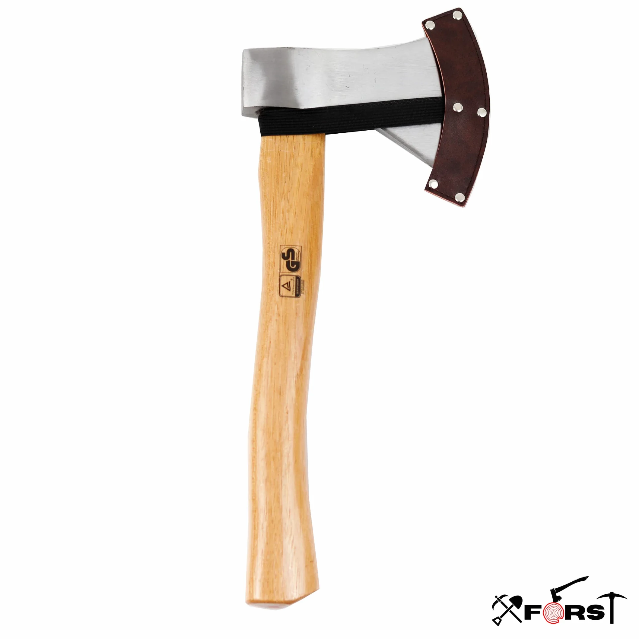 Xforst Hacha de Mano para Leña, Camping y Jardín, Hoja de Acero al Carbono con Mango de Madera de Hickory, Cabeza 800 g, 40,5 cm, Conforme a DIN 5131 y TÜV/GS, con Funda Protectora, X-UW800C