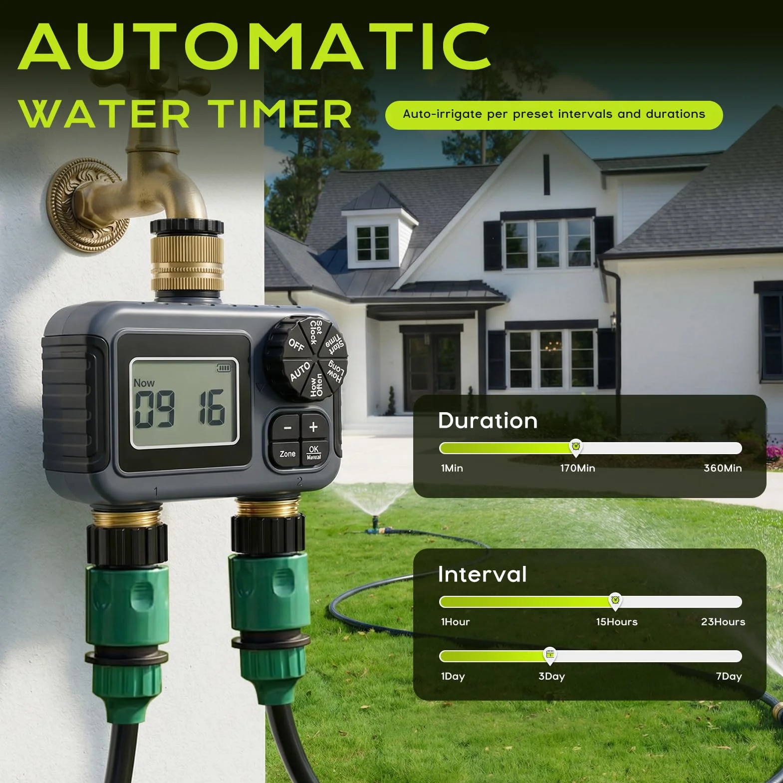 Programador de Riego 2 Salidas, IPX5 Impermeable Temporizador Riego con Entrada y Salida de Latón, Retardo por Lluvia, Riego Automático y Manual, Programador Riego a Pilas para Jardín Césped