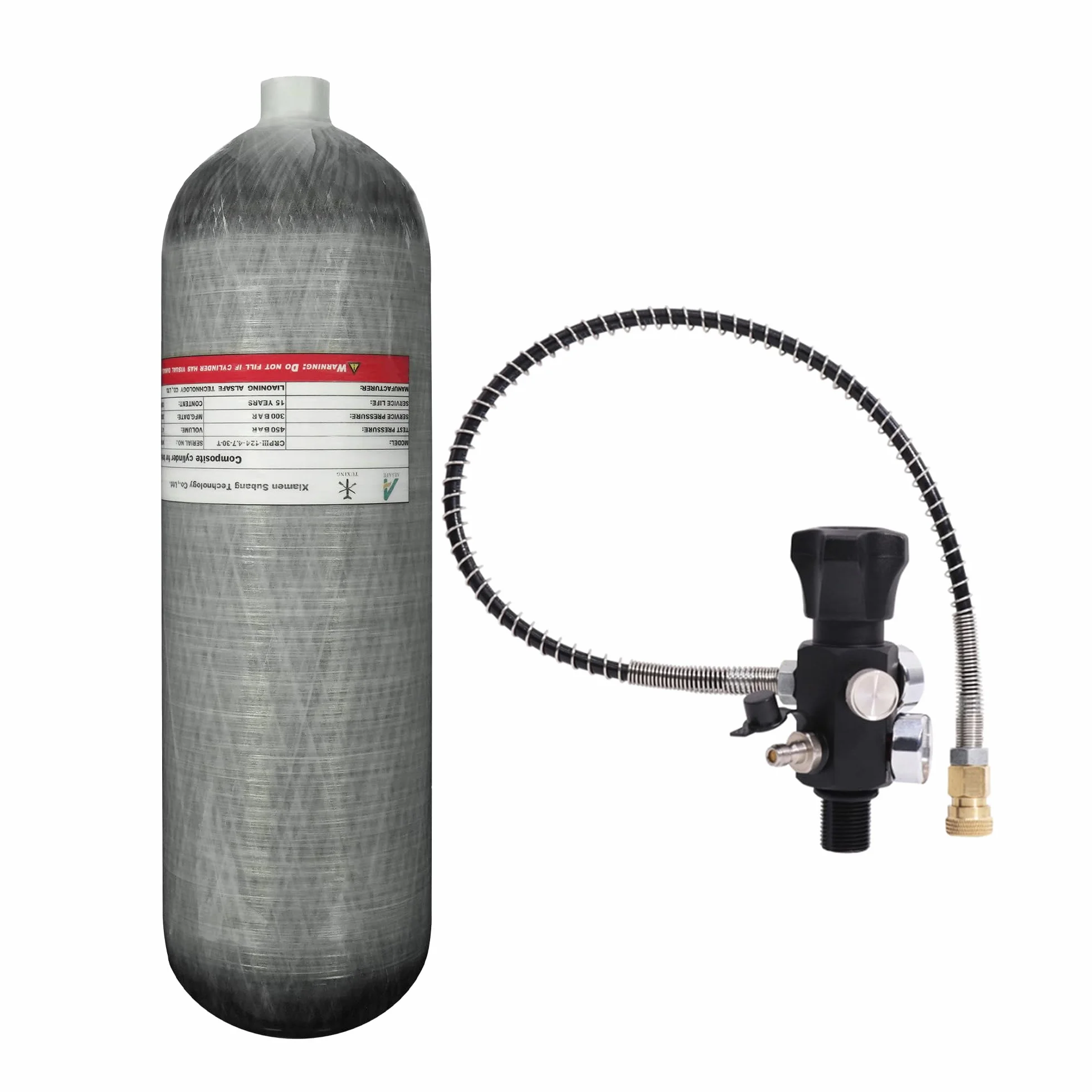 TUXING Depósito de aire fibra de carbono 4,7L 4500 psi 300 bar botella vacía estación llenado paintball dos manómetros manguera alta presión 24 pulgadas M18x1.5