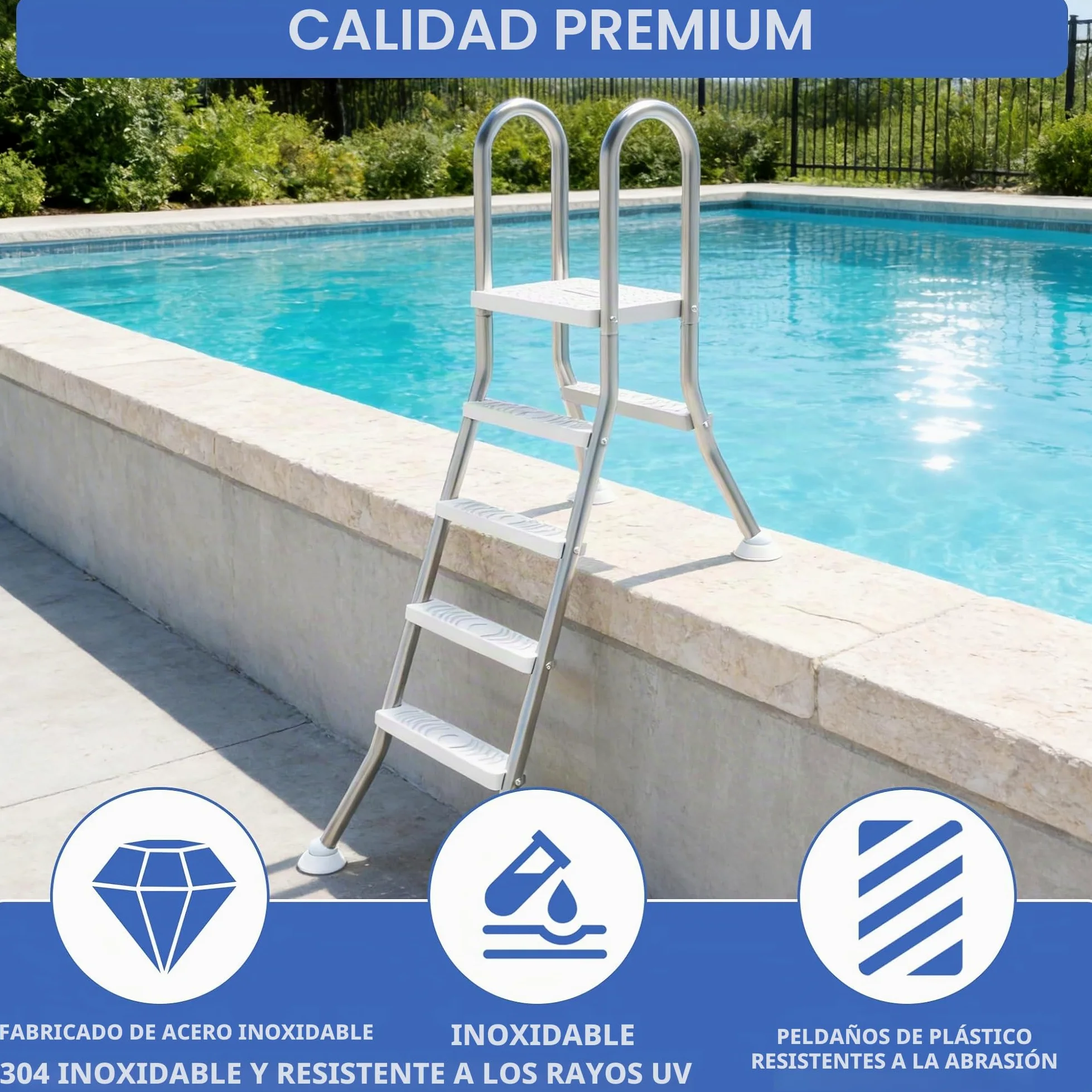 Escalera de piscina de acero inoxidable de 3 + 1 peldaños, con pasamanos de seguridad, peldaños de plástico antideslizante y diseño de rótula, base estable para piscinas y piscinas de hasta 115