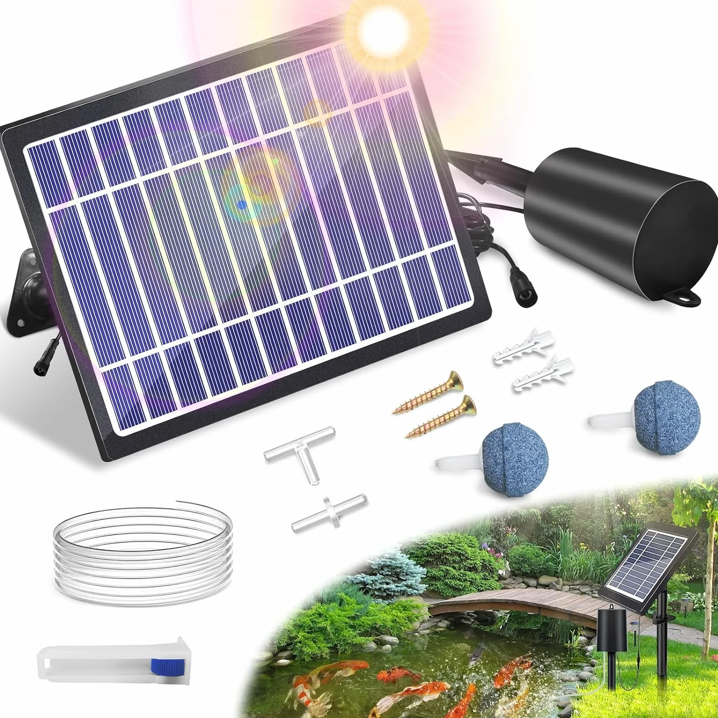 Aireador Solar para Estanques Con Bomba de Aire, 3 Modos (18H/36H/72H), 4 W y 2200 mAh, Regulador de Burbujas para Uso Al Aire Libre