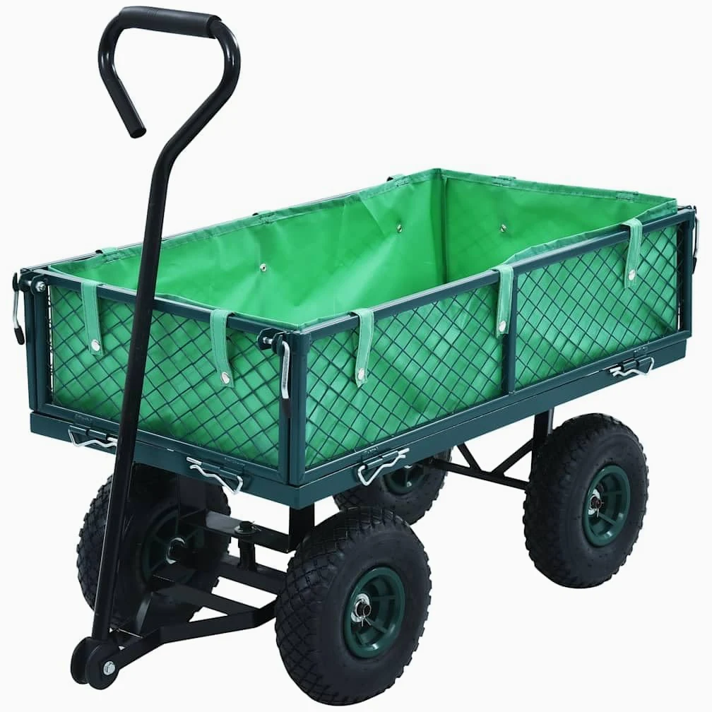 Carro de jardín verde de acero con carga útil de 250 kg, neumáticos de aire pesados, paredes laterales plegables, para jardinería, flores, hojas, troncos, transporte