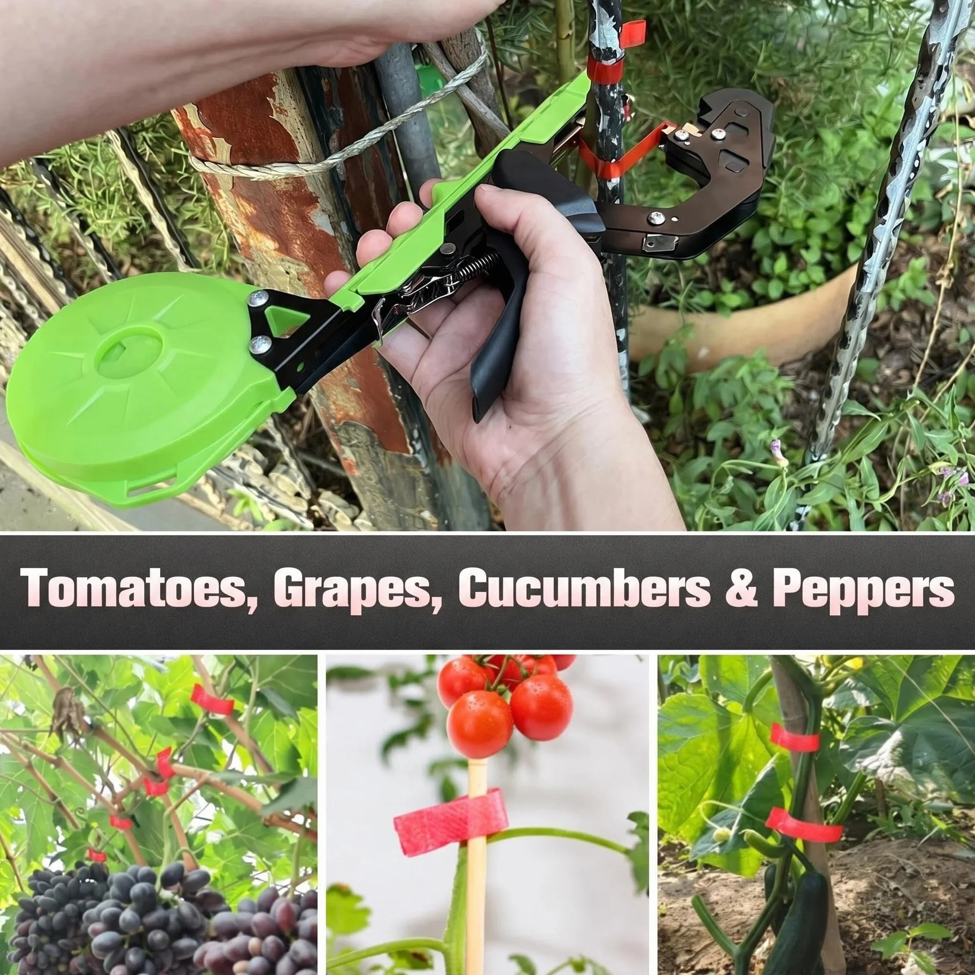 Atadora de Plantas Profesional, Máquina para Atar Tomates, Viñas, Uvas, Pepinos y Flores – Herramienta de Cinta Rápida y Eficiente con Grapas y Cintas Incluidas, Verde/Negro