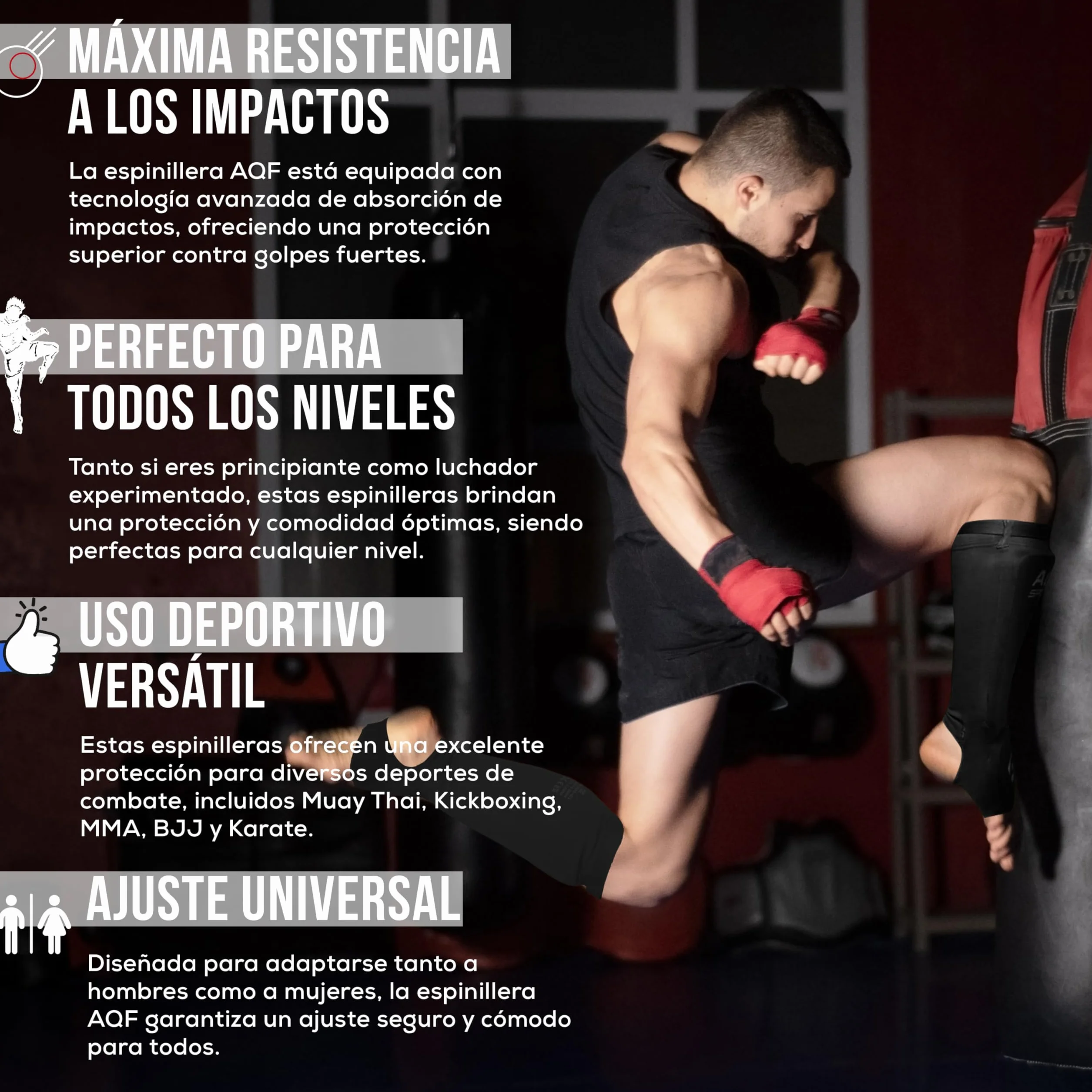 AQF Espinilleras Kick Boxing Muay Thai CE SATRA Aprobado Boxeo Tibiales Empeine EVA Acolchado Sparring Artes Marciales Protección Pads MMA