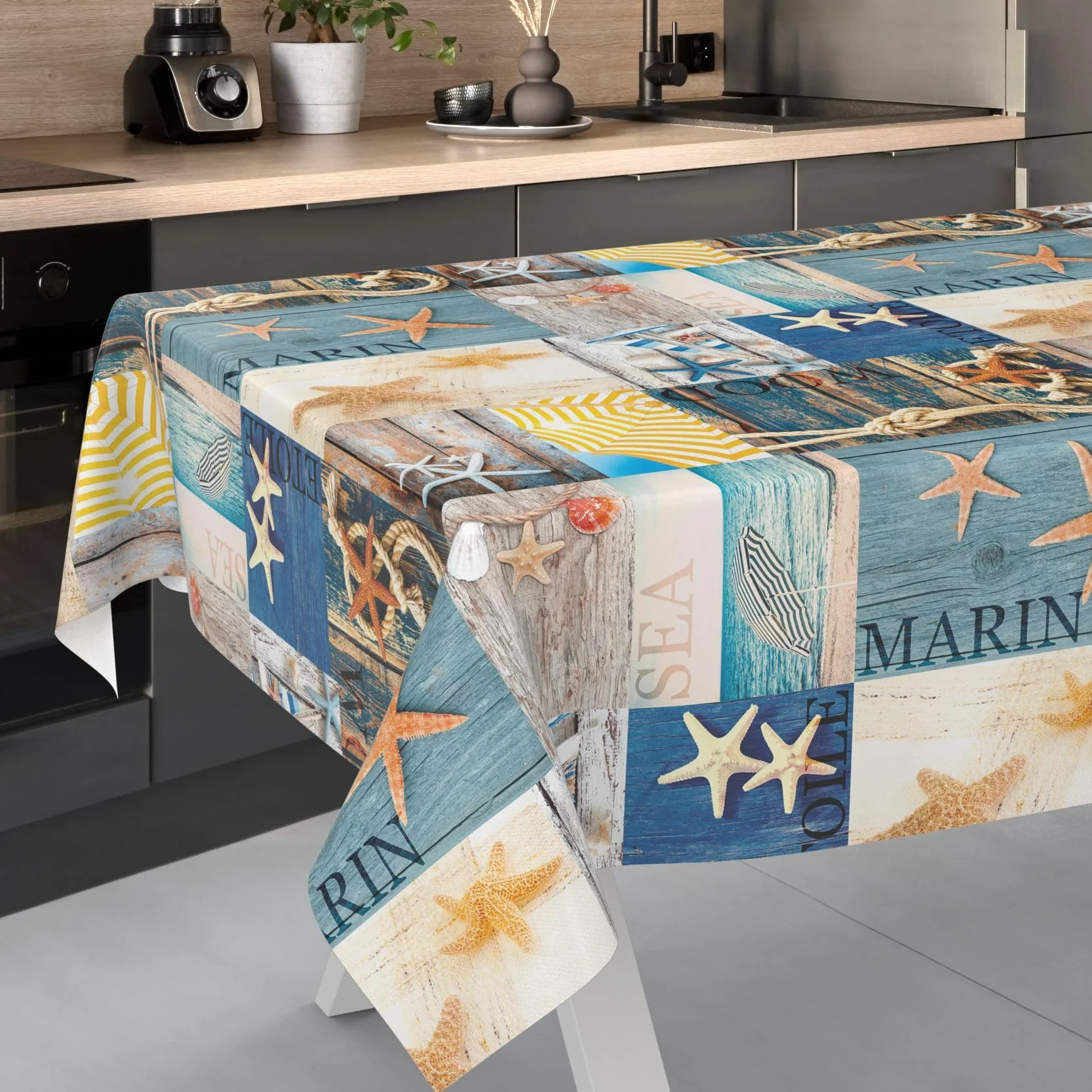 ANRO Mantel de hule lavable, para jardín, redondo, ovalado, rectangular, diseño marítimo, 400 x 140 cm, borde de corte