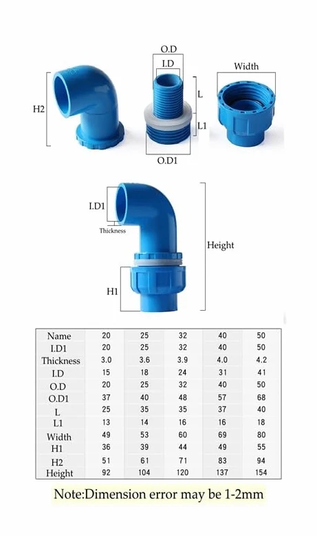 3 uds 20/25/32/40/50mm ajustable PVC tanque de agua codo conector Stronge drenaje accesorios juntas acuario suministros pecera conector(Blue,40mm)