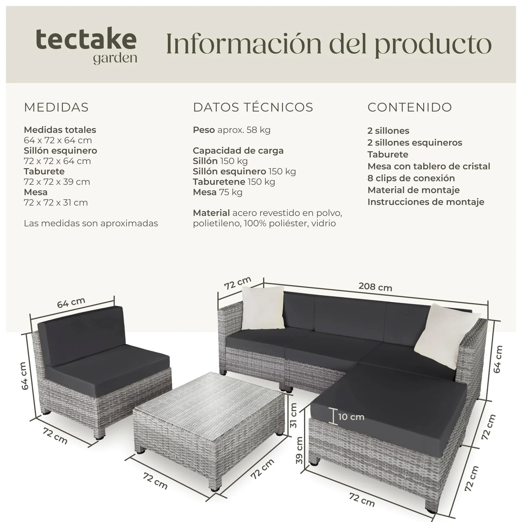 tectake® Conjunto Jardín de Ratán con Cojines y 2 Juegos de Fundas, Conjunto Terraza Resistente a la Intemperie, Muebles Jardín Exterior 4 Sillones, 1 Mesa, 1 Puf, con Tornillos en Acero - Gris Claro