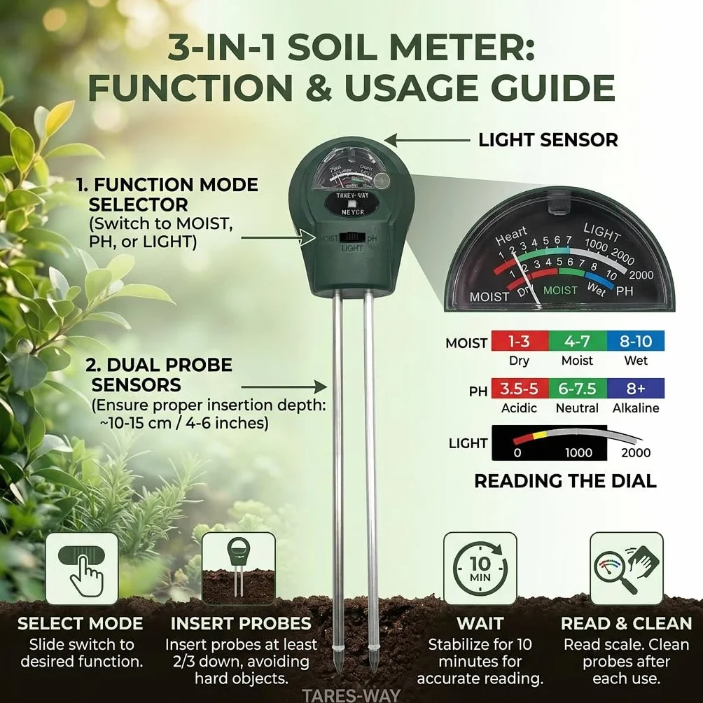 Medidor de pH del Suelo 3 en 1, Higrómetro de Suelo Medidor de Humedad del Suelo con pH Tester de Tierra sin Batería para Plantas Grandes de Interior y Exterior Flores Césped Jardinería