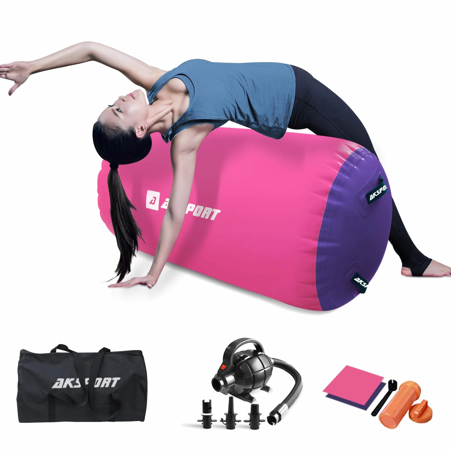 AKSPORT Inflatable Air Roller Yoga Barrel with Air Pump for Gymnastics Tumbling