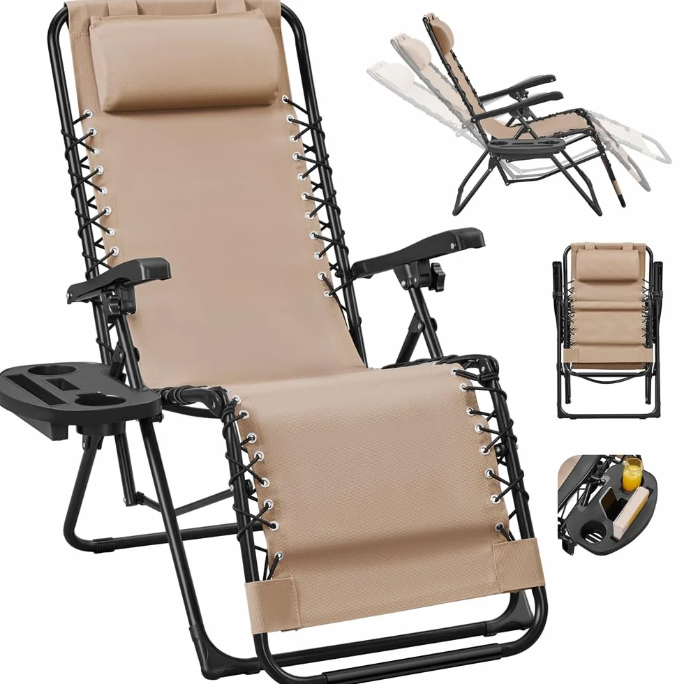 Yaheetech Tumbona Plegable para Exterior Tumbona Jardin Ligera y Portátil Silla Reclinable con Bandeja Lateral, Fácil de Mover para Exterior (1PCS Beige