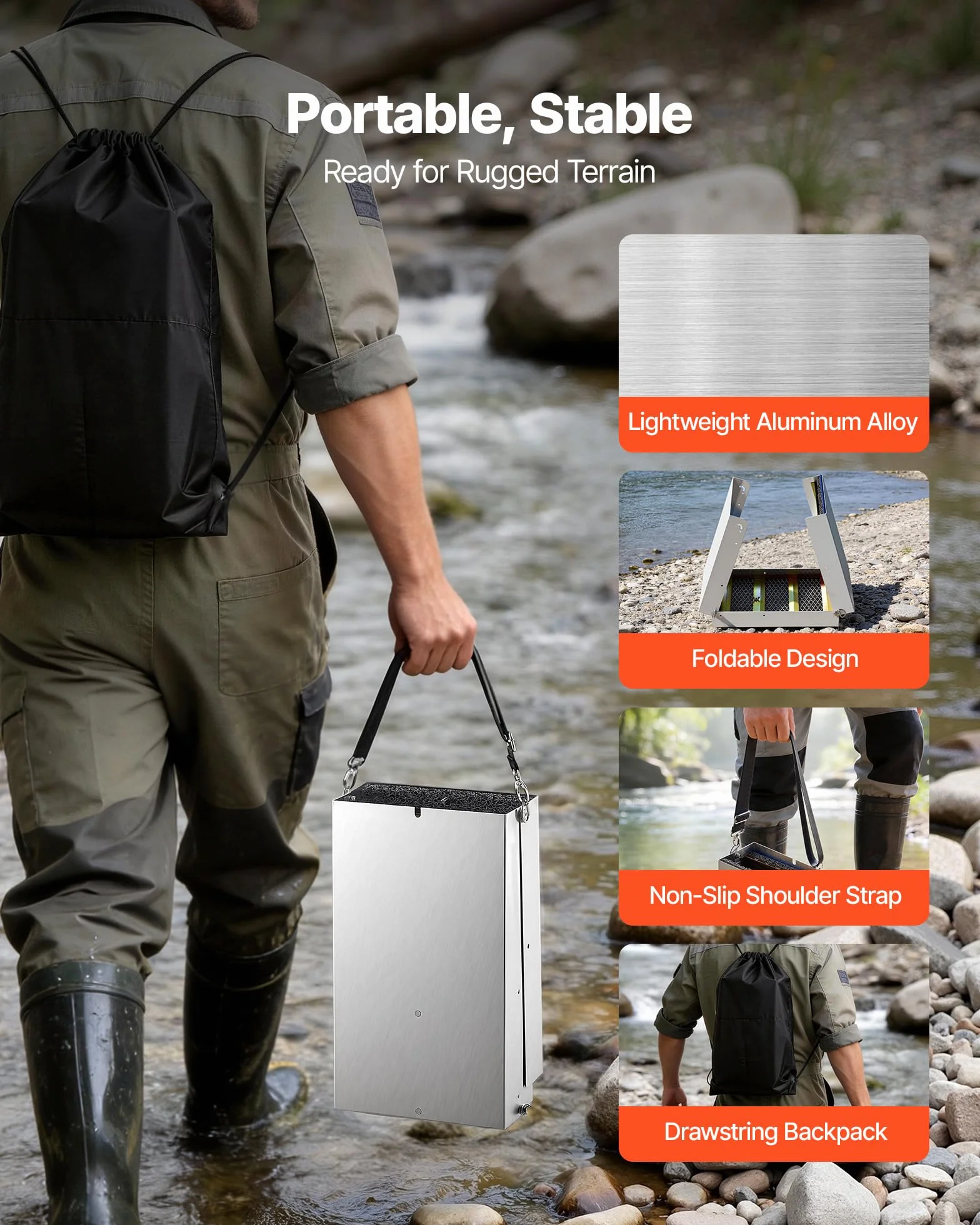 VEVOR Canaleta para Lavado de Oro 1270 mm, Equipo Portátil de Prospección de Oro, Plegable con Correa de Hombro Bolsa de Transporte Guantes, Aleación de Aluminio, para Buscar Minería Ríos Arroyos