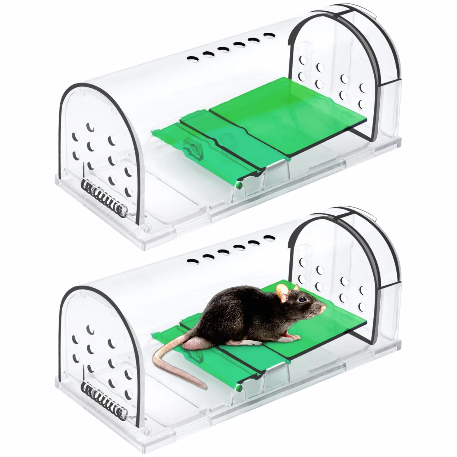 Trampas para Ratones Vivos Pequeños, 2PCS Trampas Ratas Interior Exterior Reutilizable, Ratonera Rata Viva con Orificio de Aire para Cocina Jardín Hogar Ático Garaje, Amigable con Mascotas y niños
