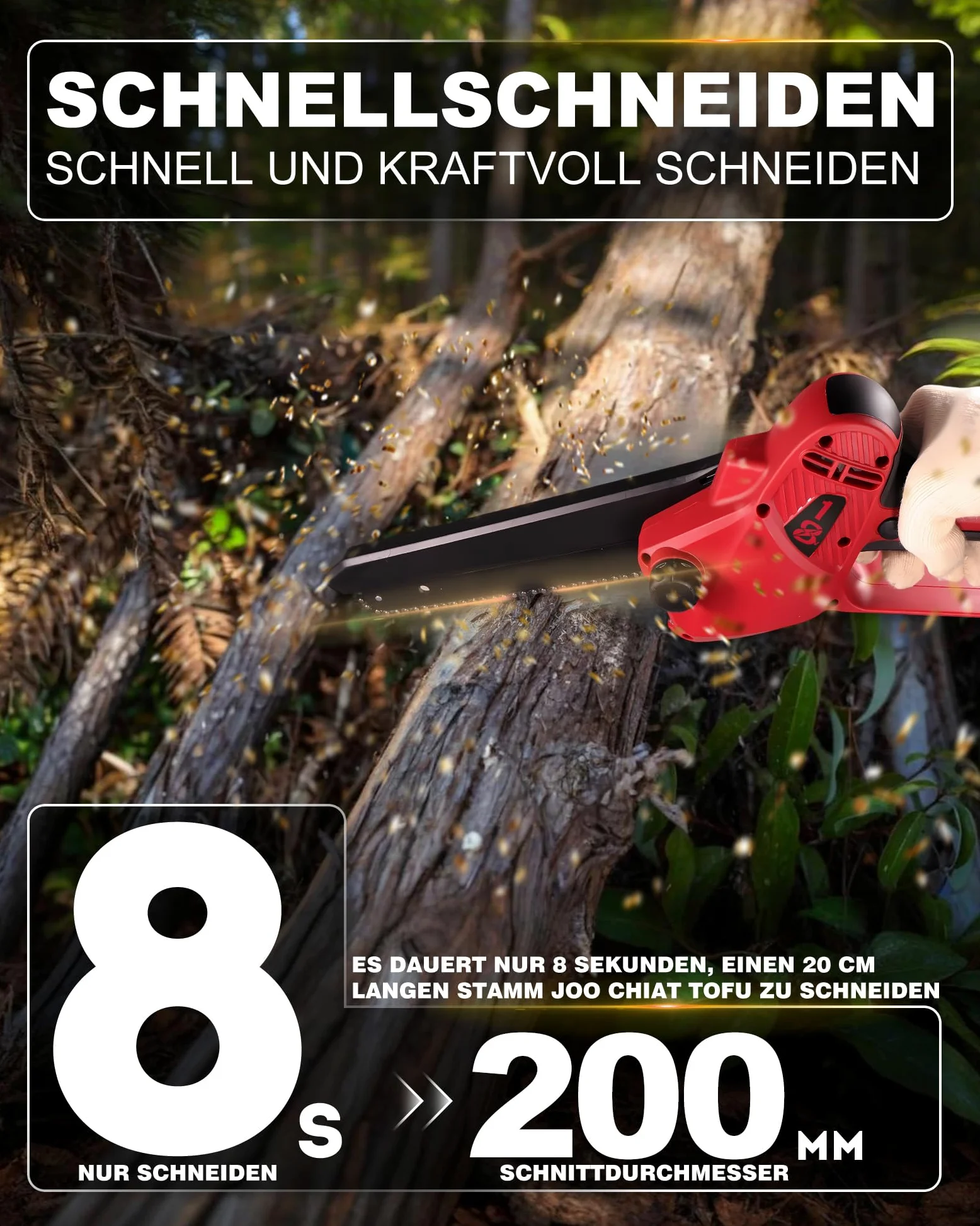 Motosierra con batería de 8 pulgadas, mini motosierra con aceite automático y cadena de repuesto, motosierra inalámbrica compatible con Makita 、Einhell 、bosch baterías de 18 V para jardín