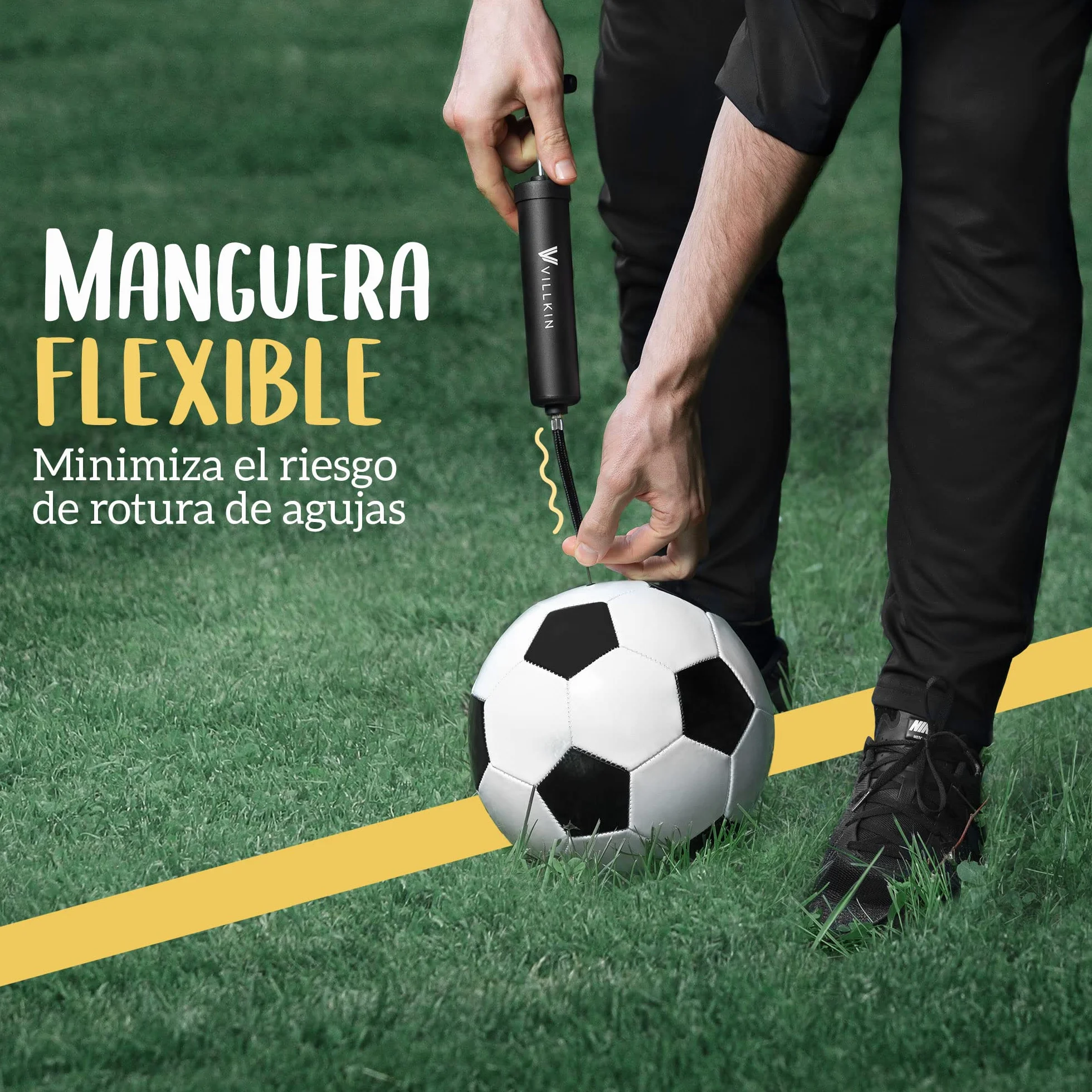 Villkin Inflador para Pelotas con 4 Agujas de Metal, 2 Boquillas de Plástico, Manguera Flexible - Negro