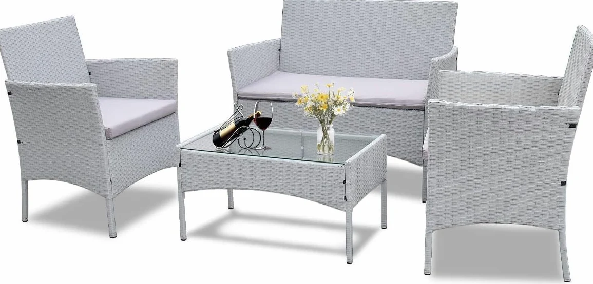 bigzzia - Juego de Muebles de Patio, Sofá Seccional para Todo Tipo de Clima, Tejido Manual, Mimbre y Ratán, Juego de Conversación para Patio con Cojín y Mesa de Vidrio