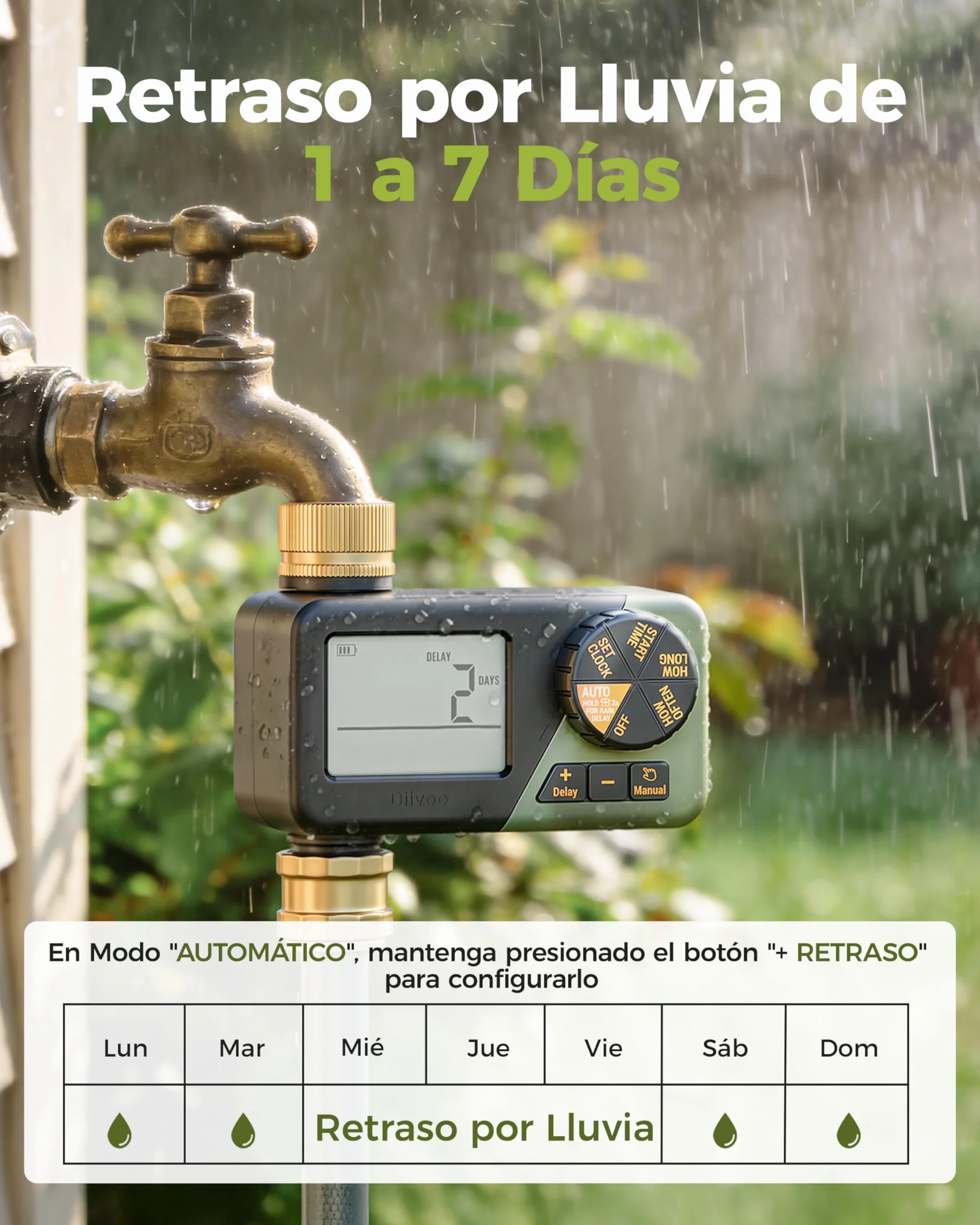 Diivoo Programador Riego con Entrada y Salida de Latón, Temporizador Riego Automatico con Impermeable IP66, Retraso por Lluvia, Riego Manual, Programador de Riego a Pilas para Jardín, Césped