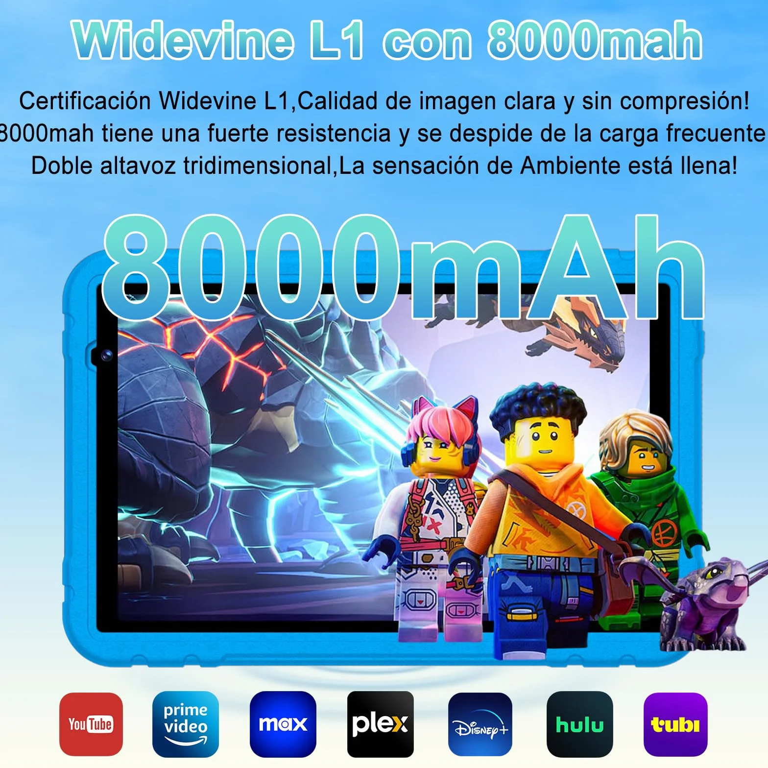 Tablet 10 Pulgadas Android 15 Gemini AI 30+128GB Octa-Core GPS WiFi 6 Widevine L1 8000mAh Control Parental Azul